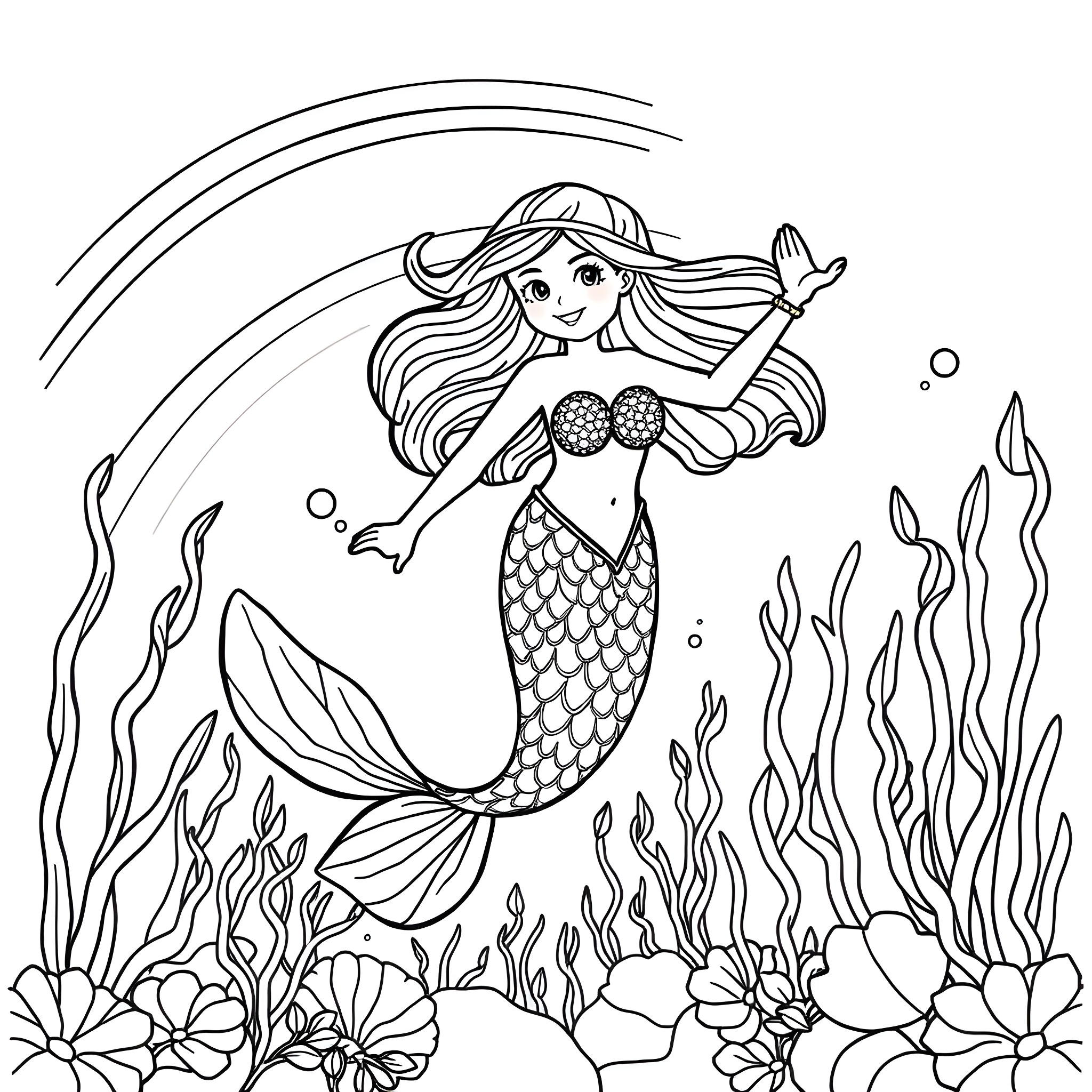 Mermaid Swimming Gracefully Through Underwater Seascape Coloring Page (free black-and-white line drawing printable PDF for all, from beginners to advanced learners, including children, teens, adults, and seniors)