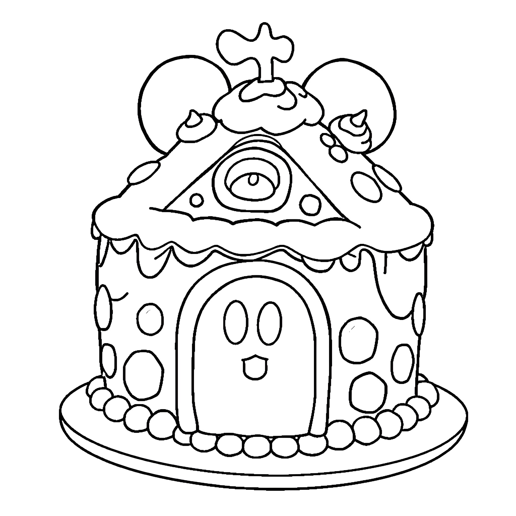 Mickey Mouse's Whimsical Mushroom House Coloring Page (free black-and-white line drawing printable PDF for all, from beginners to advanced learners, including children, teens, adults, and seniors)