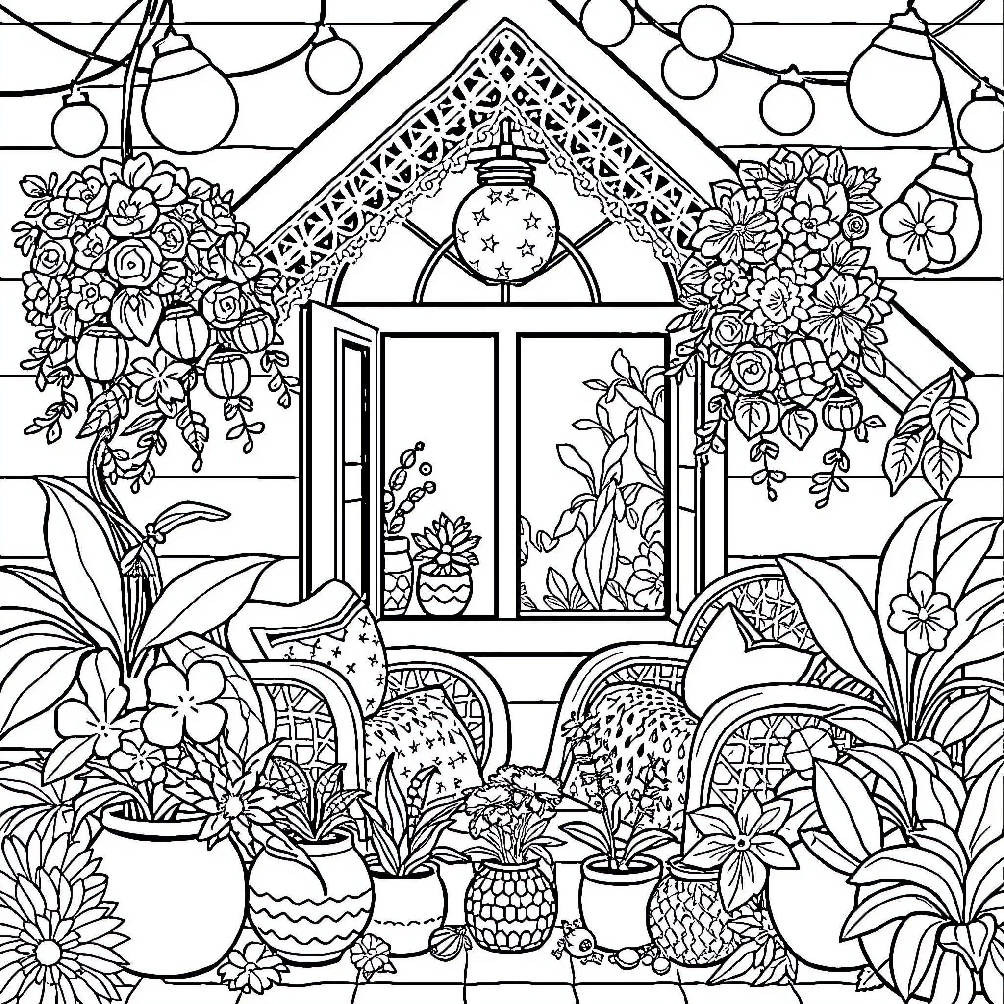 Capricho of a whimsical greenhouse filled with flourishing plants Coloring Page (free black-and-white line drawing printable PDF for all, from beginners to advanced learners, including children, teens, adults, and seniors)