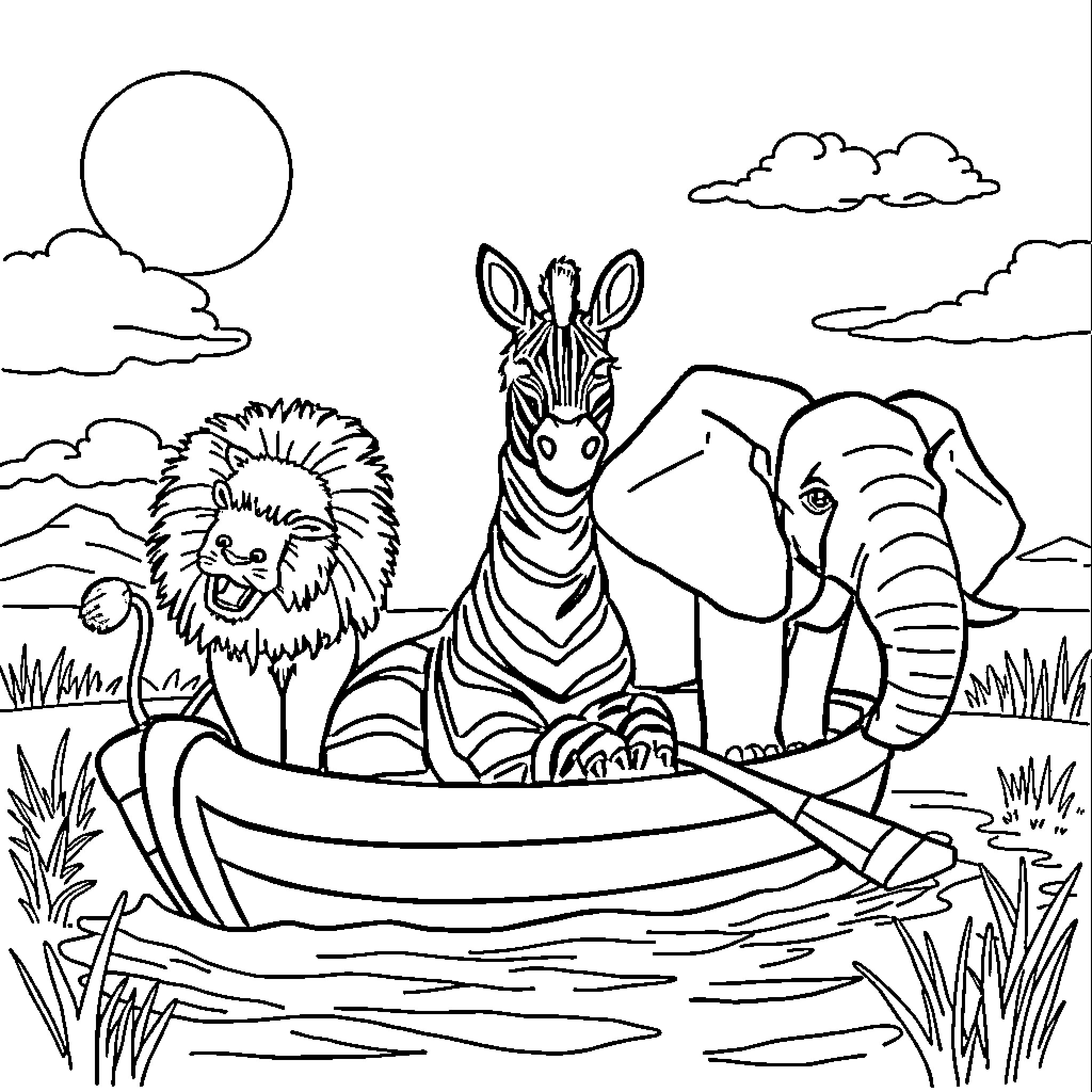 Zebra and Elephant on a Boat Ride in the Wild Coloring Page (free black-and-white line drawing printable PDF for all, from beginners to advanced learners, including children, teens, adults, and seniors)