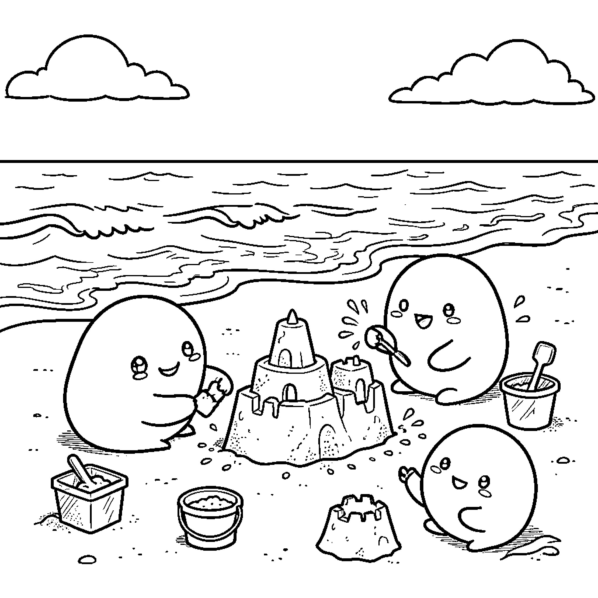 Squishmallows building sandcastles at the beach Coloring Page (free black-and-white line drawing printable PDF for all, from beginners to advanced learners, including children, teens, adults, and seniors)