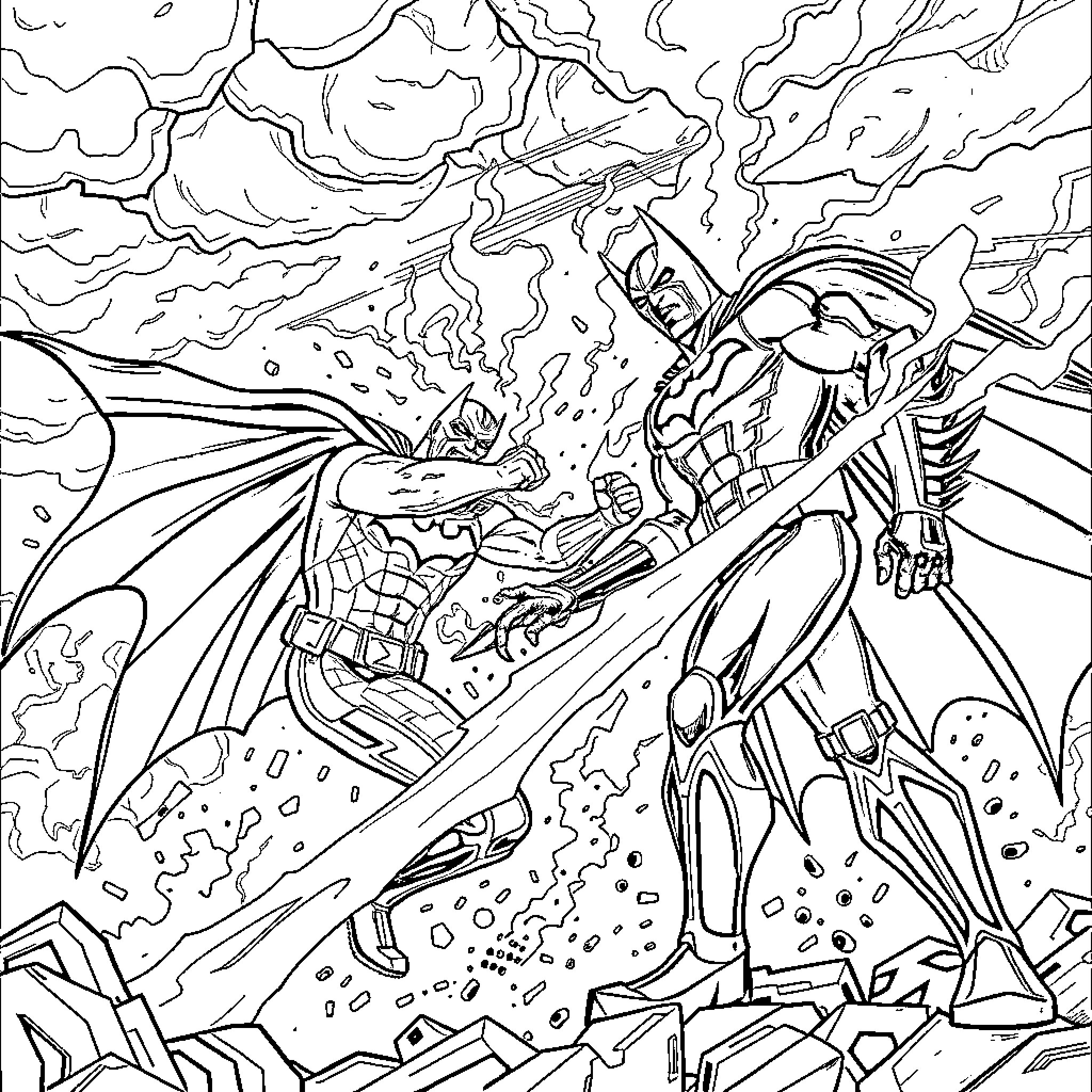 Heatblast battling an enemy in a fiery environment Coloring Page (free black-and-white line drawing printable PDF for all, from beginners to advanced learners, including children, teens, adults, and seniors)