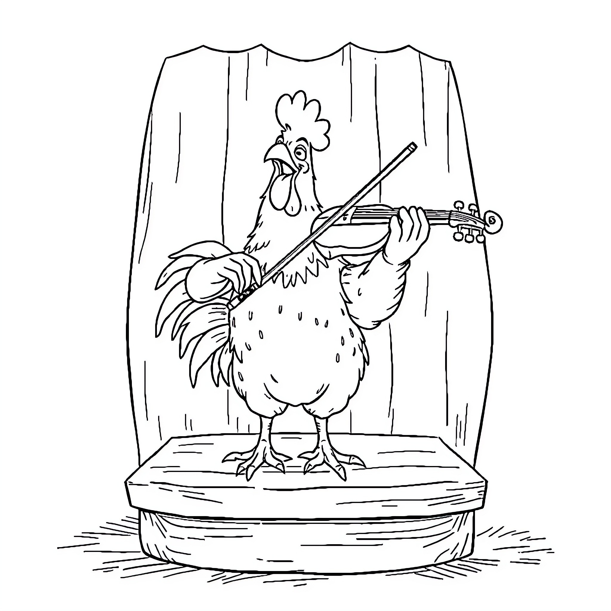 Chicken playing a musical instrument on stage Coloring Page (free black-and-white line drawing printable PDF for all, from beginners to advanced learners, including children, teens, adults, and seniors)