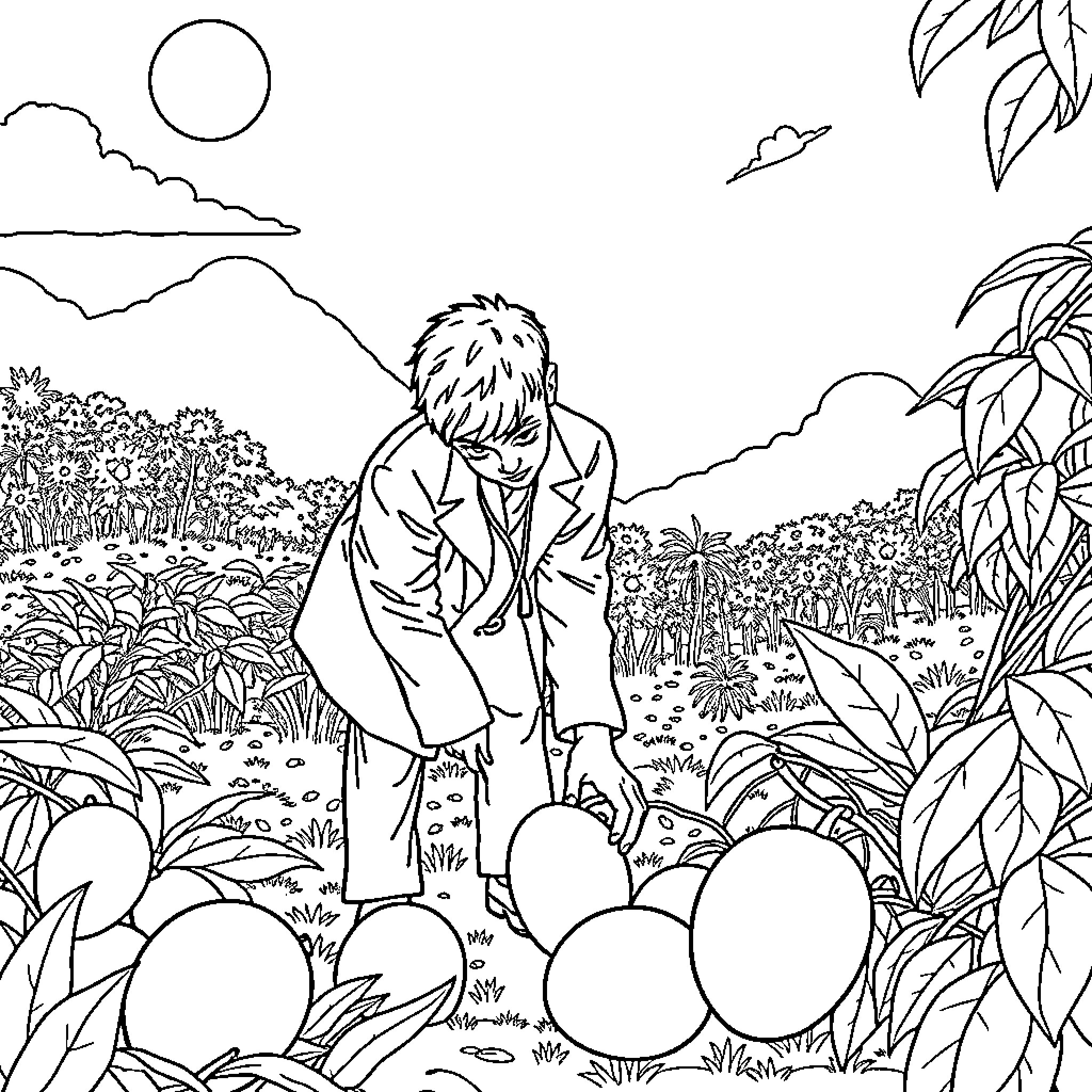 Doctor explores the whimsical garden landscape Coloring Page (free black-and-white line drawing printable PDF for all, from beginners to advanced learners, including children, teens, adults, and seniors)