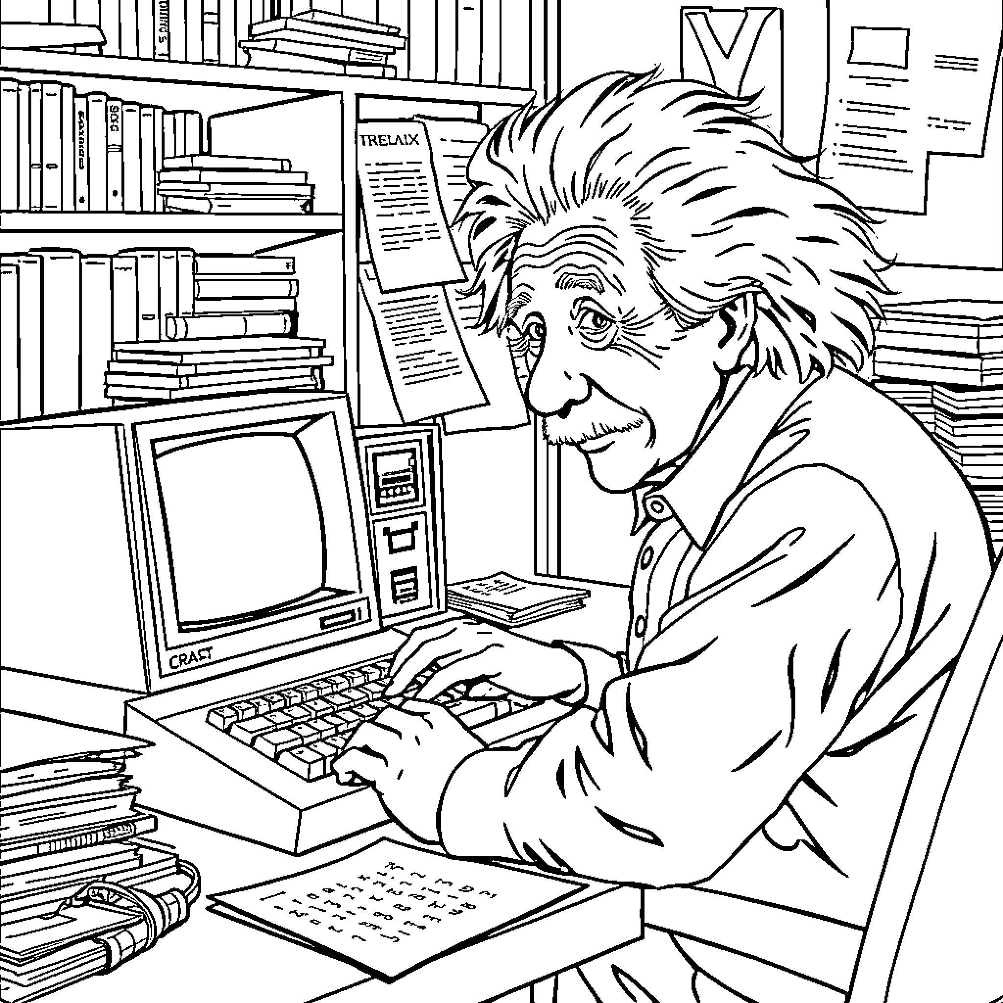 Einstein working intently on a computer in his study Coloring Page (free black-and-white line drawing printable PDF for all, from beginners to advanced learners, including children, teens, adults, and seniors)