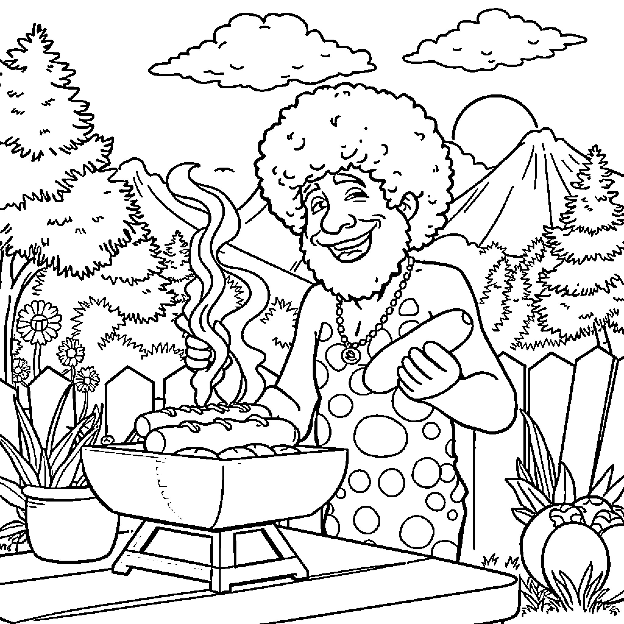 Bob Ross Happily Painting Outdoors in Nature Coloring Page (free black-and-white line drawing printable PDF for all, from beginners to advanced learners, including children, teens, adults, and seniors)