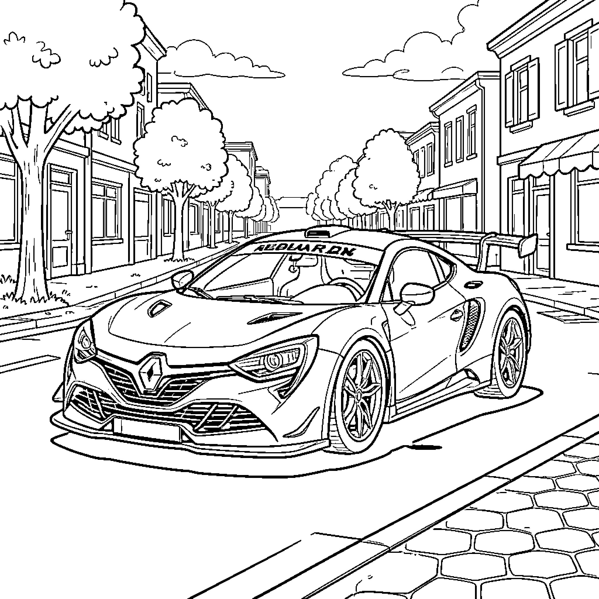 Renault R25 racing on a city street Coloring Page (free black-and-white line drawing printable PDF for all, from beginners to advanced learners, including children, teens, adults, and seniors)