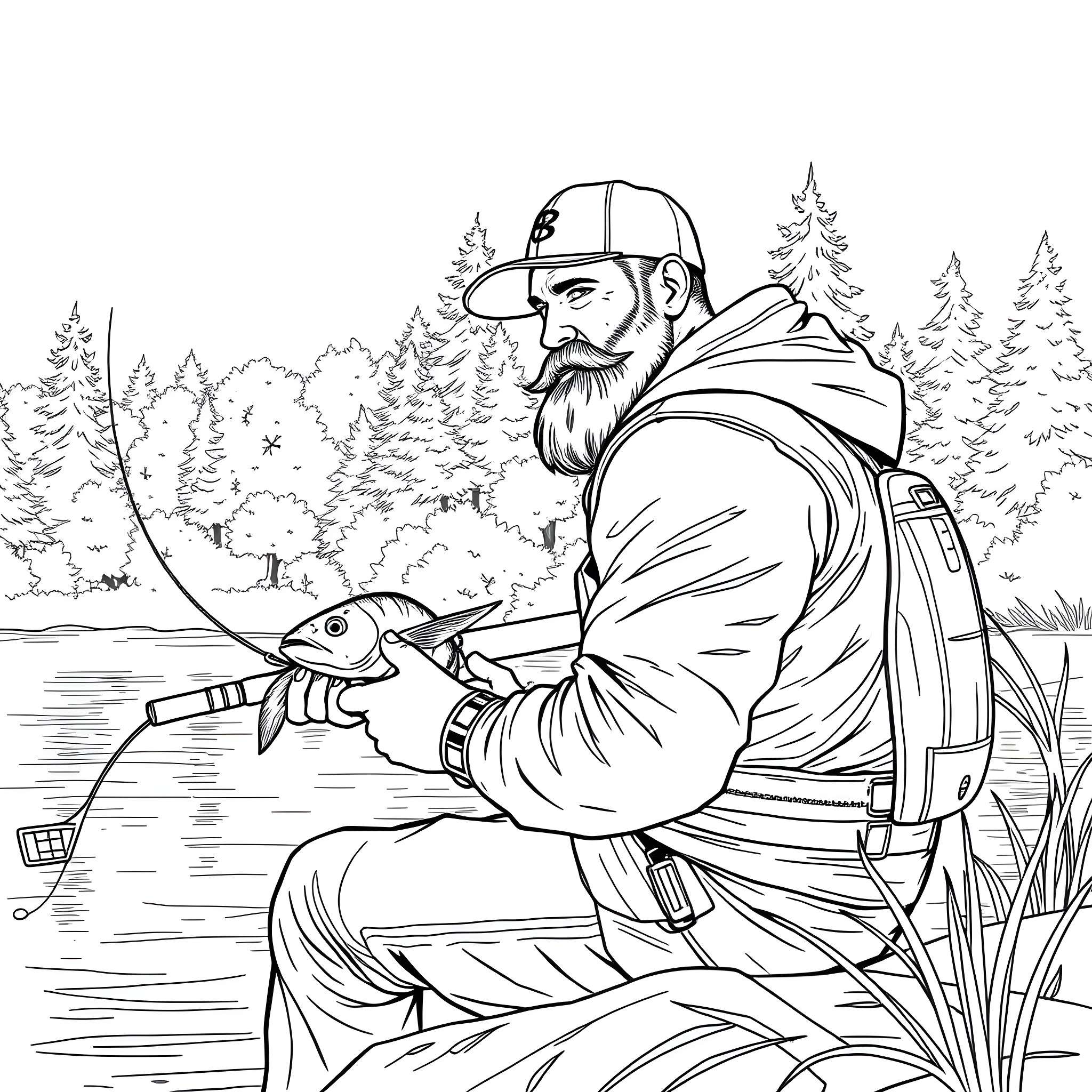 Guy fishing peacefully in the serene forest Coloring Page (free black-and-white line drawing printable PDF for all, from beginners to advanced learners, including children, teens, adults, and seniors)