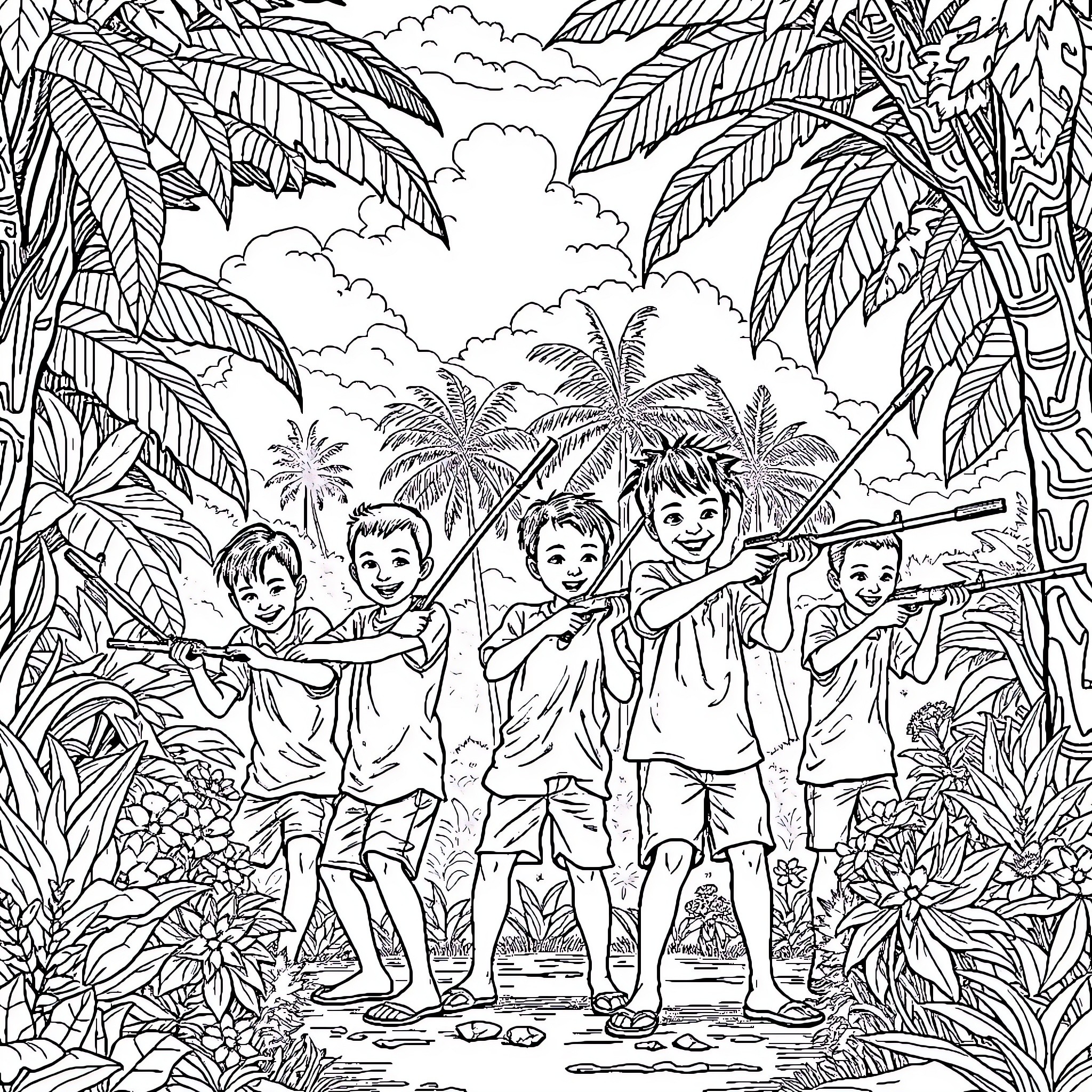 Boys playing happily in the tropical jungle Coloring Page (free black-and-white line drawing printable PDF for all, from beginners to advanced learners, including children, teens, adults, and seniors)