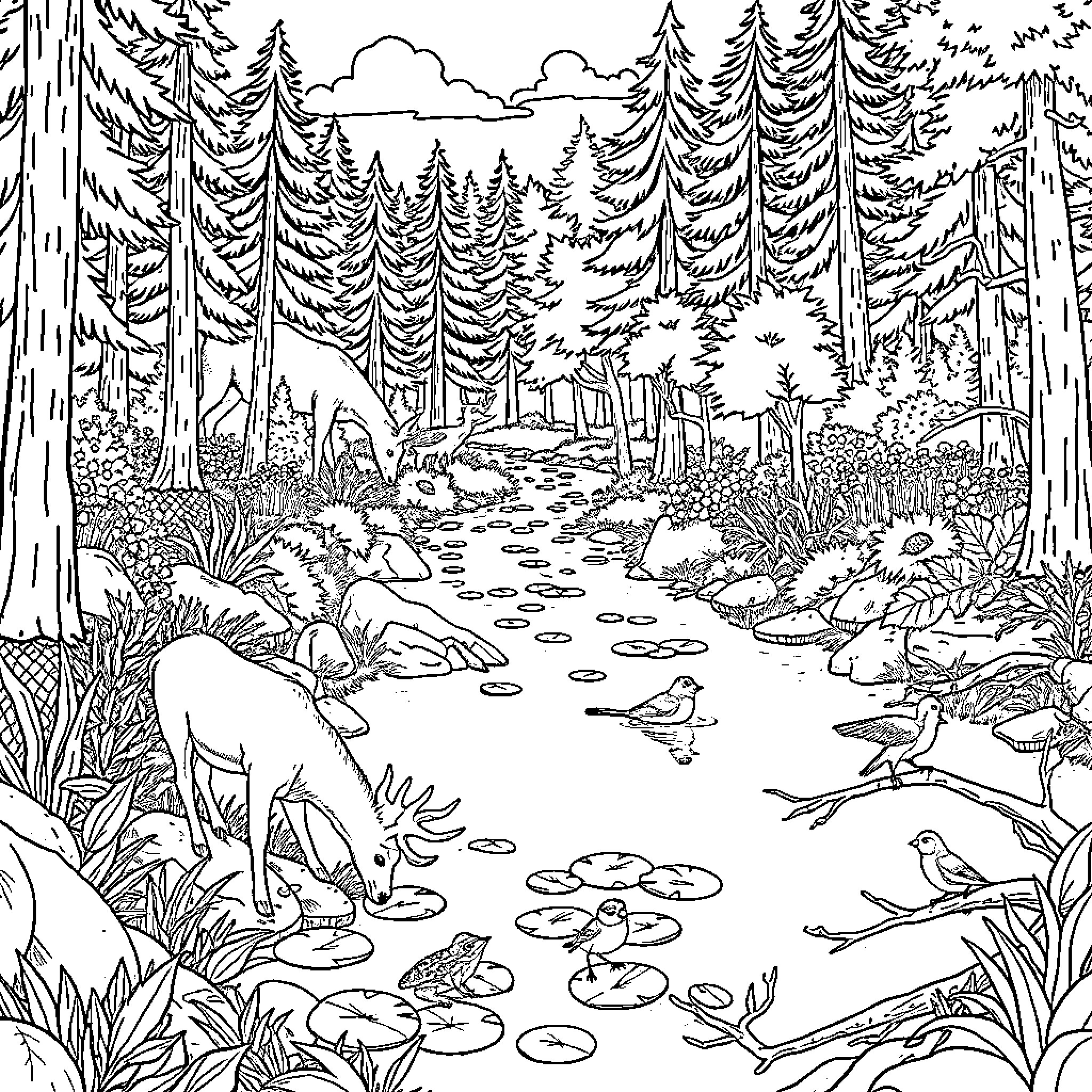 Wild Animal Tranquil Forest Scene Coloring Page (free black-and-white line drawing printable PDF for all, from beginners to advanced learners, including children, teens, adults, and seniors)