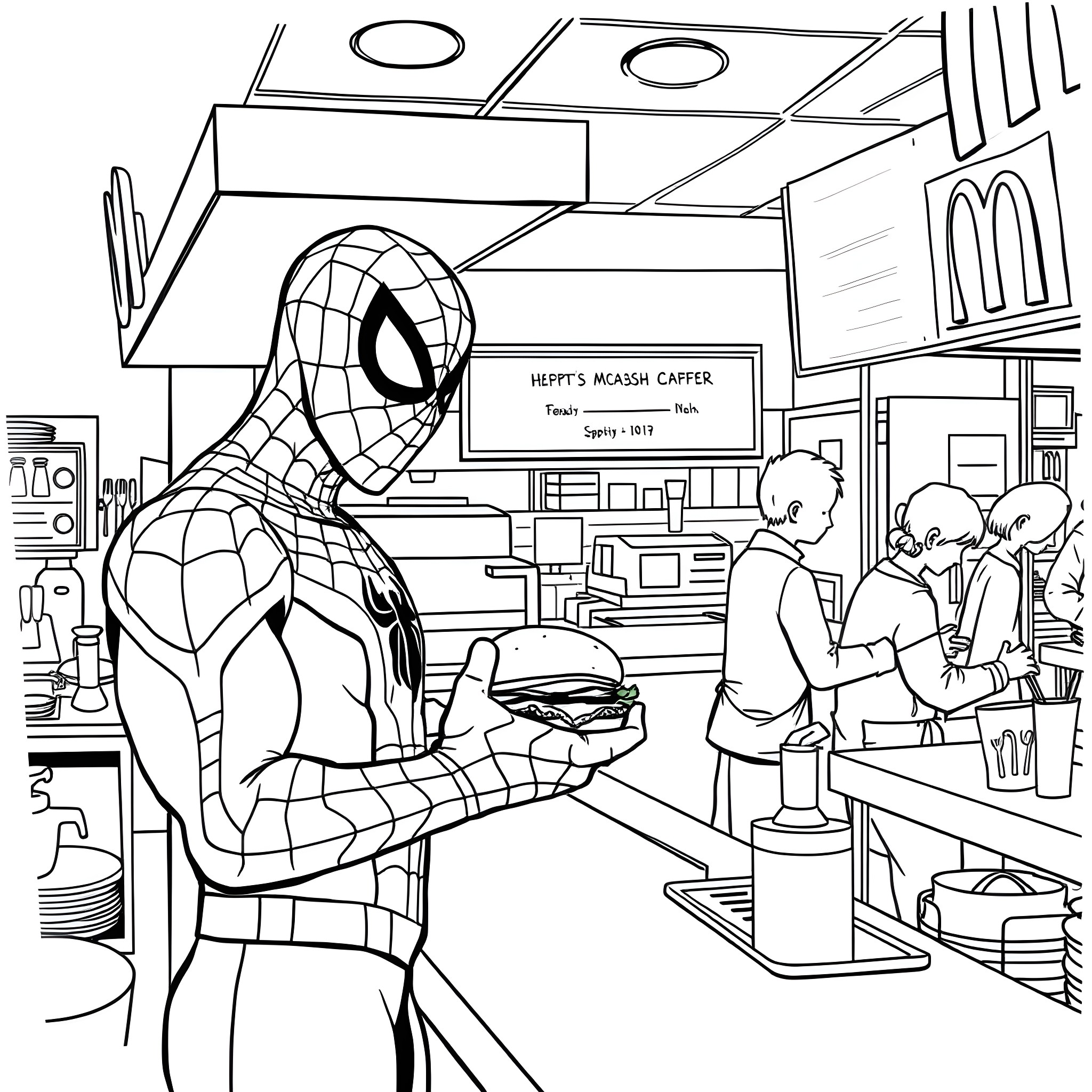 Spiderman in a Casual Encounter at a Neighborhood Diner Coloring Page (free black-and-white line drawing printable PDF for all, from beginners to advanced learners, including children, teens, adults, and seniors)