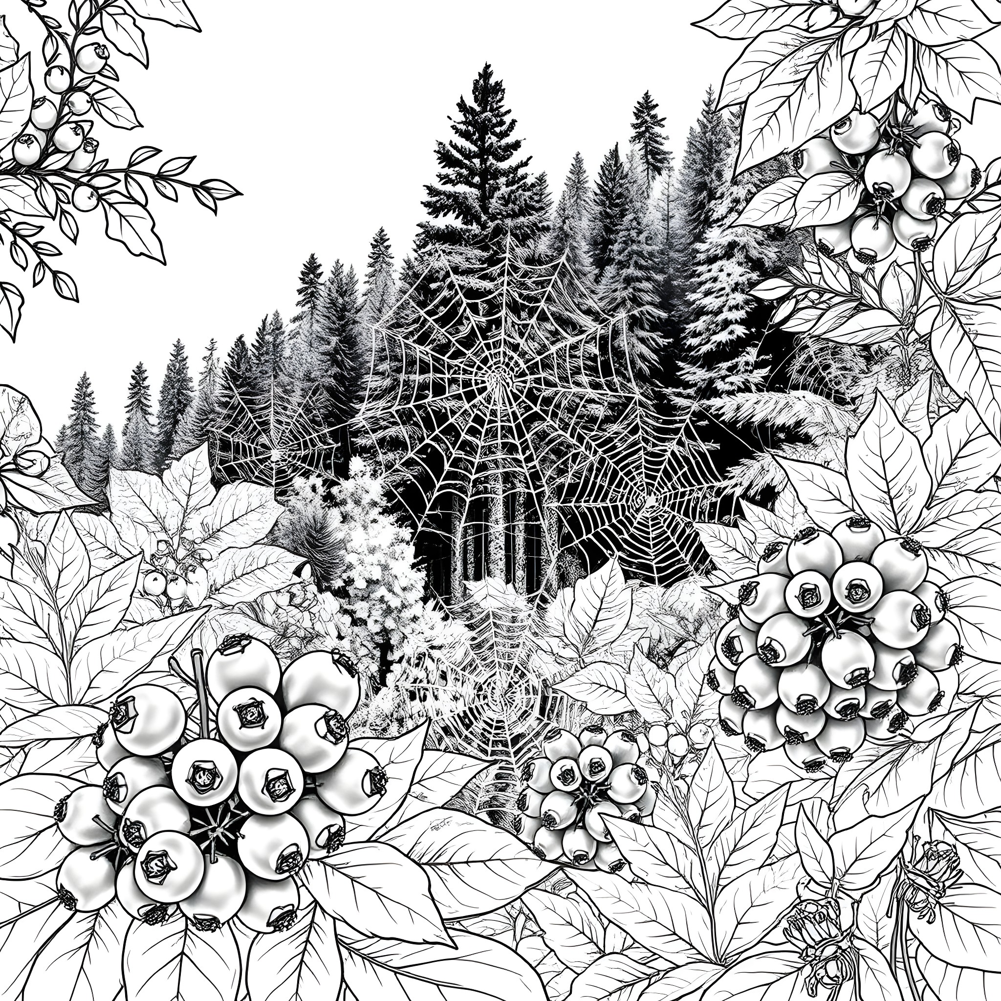 Spider's Enchanted Forest Coloring Page (free black-and-white line drawing printable PDF for all, from beginners to advanced learners, including children, teens, adults, and seniors)