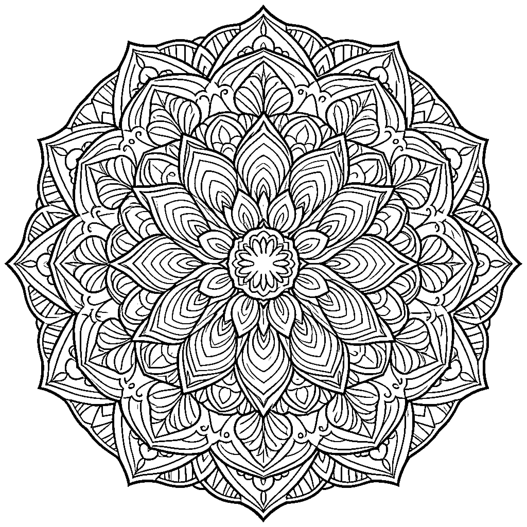 Mandala featuring intricate floral and petal patterns Coloring Page (free black-and-white line drawing printable PDF for all, from beginners to advanced learners, including children, teens, adults, and seniors)