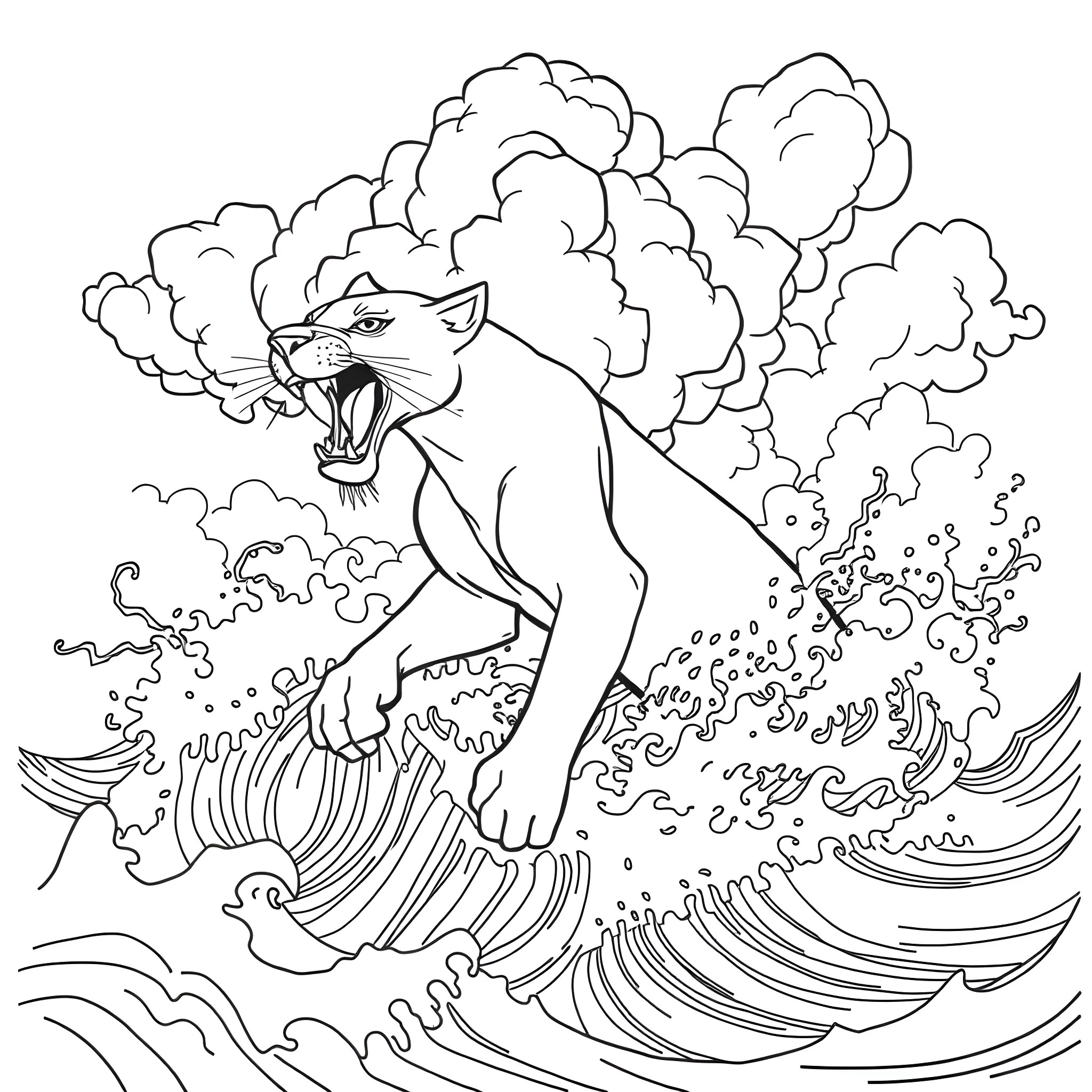 Mishipeshu stalking through the raging storm Coloring Page (free black-and-white line drawing printable PDF for all, from beginners to advanced learners, including children, teens, adults, and seniors)