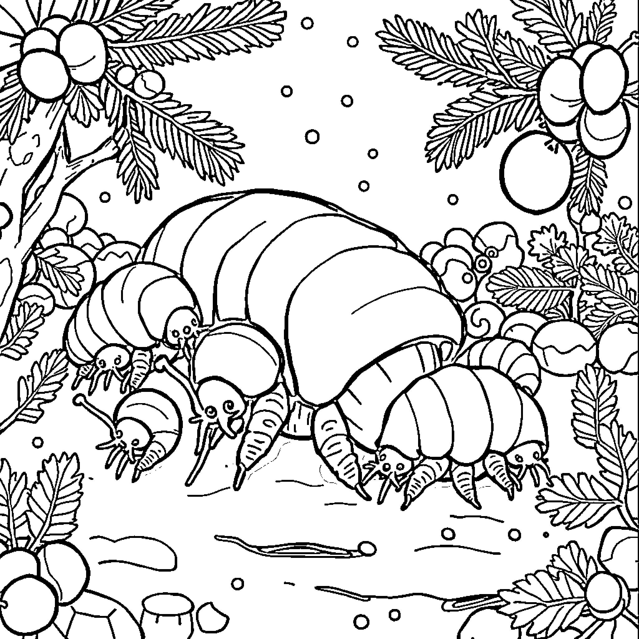 Isopod exploring the forest floor Coloring Page (free black-and-white line drawing printable PDF for all, from beginners to advanced learners, including children, teens, adults, and seniors)