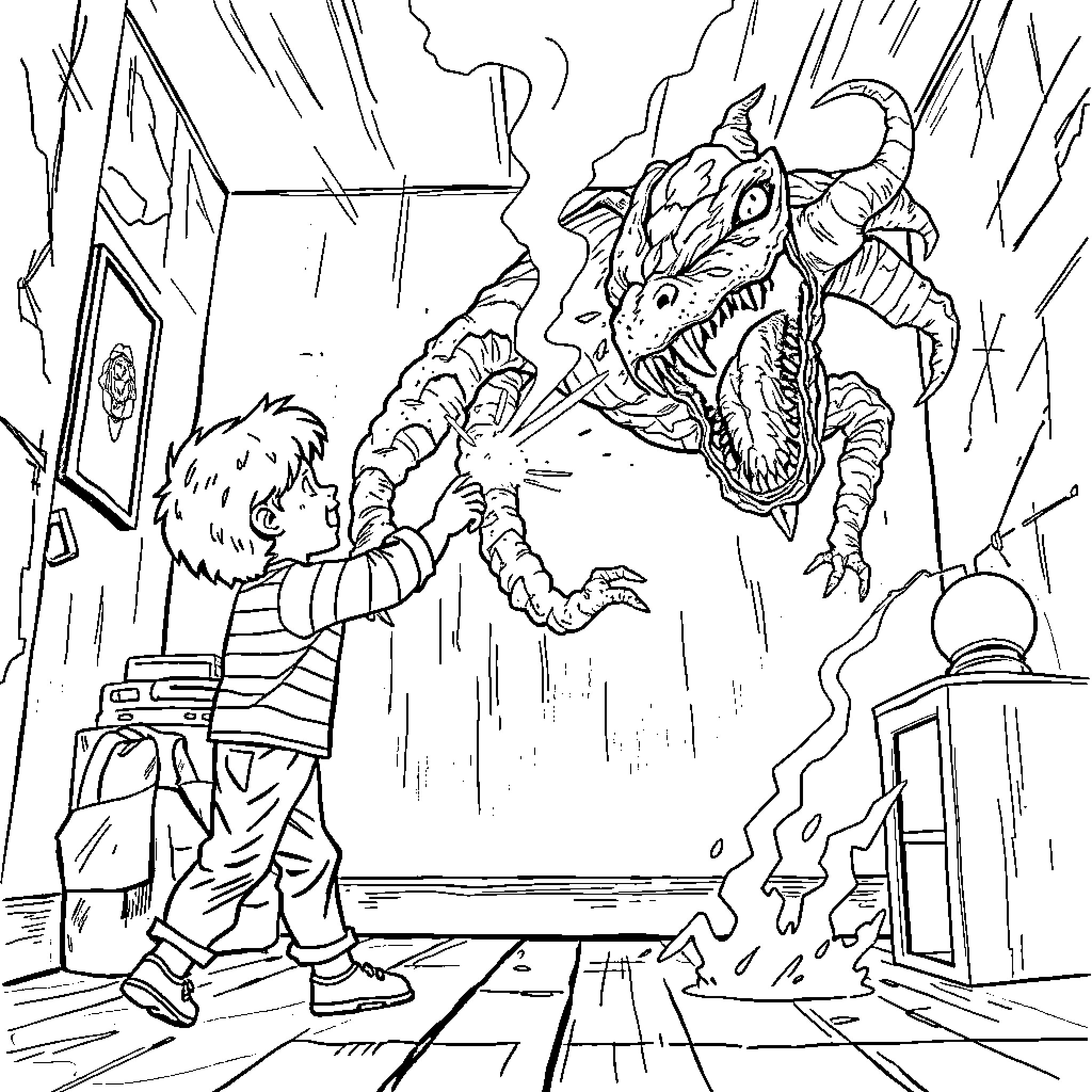 Eleven battles a fearsome creature in a dark room Coloring Page (free black-and-white line drawing printable PDF for all, from beginners to advanced learners, including children, teens, adults, and seniors)