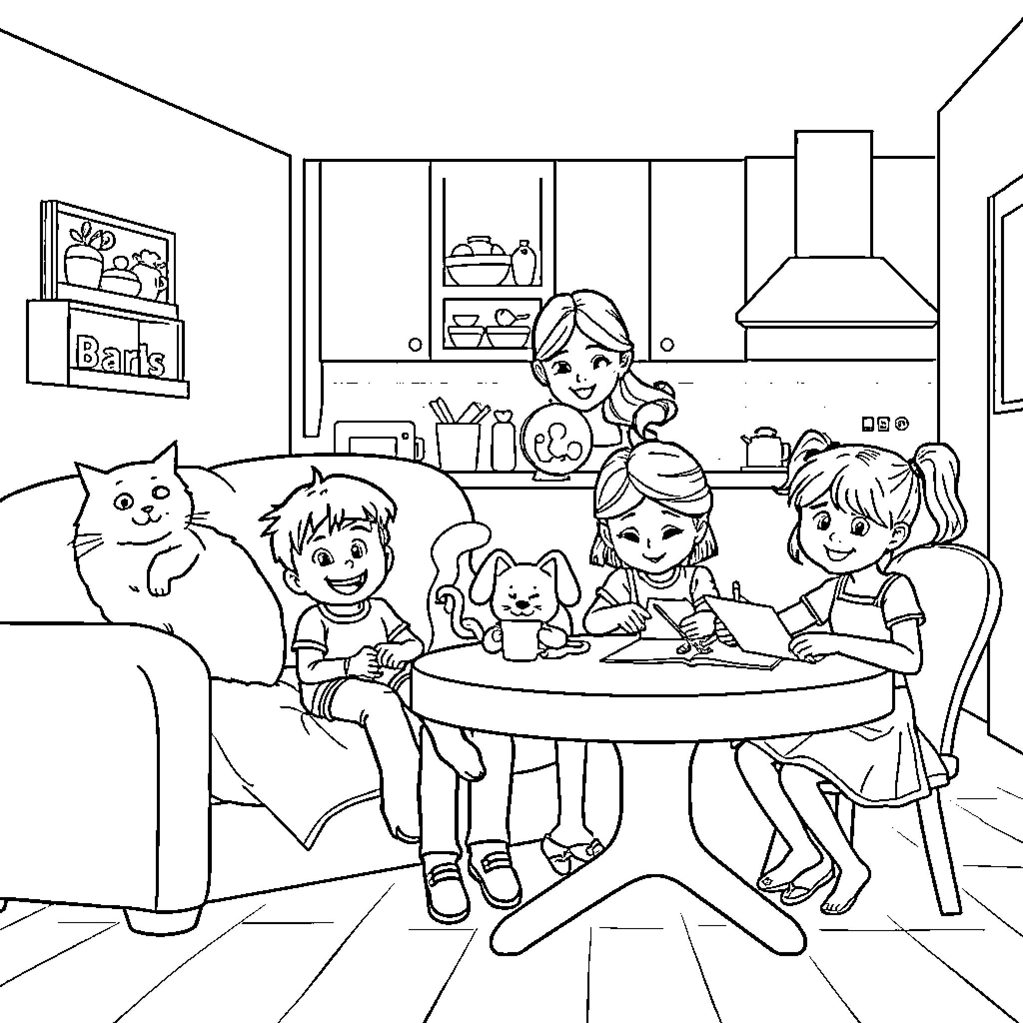 Family enjoying a cozy gathering at home Coloring Page (free black-and-white line drawing printable PDF for all, from beginners to advanced learners, including children, teens, adults, and seniors)