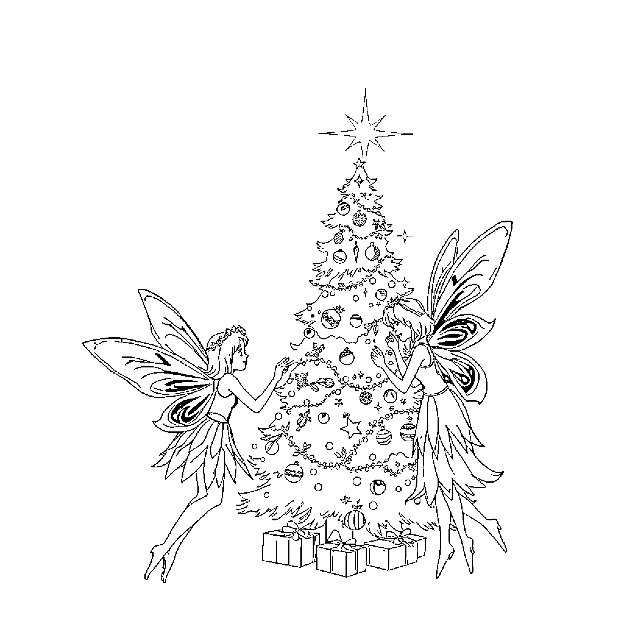 Fairy fairies decorating Christmas tree with gifts Coloring Page (free black-and-white line drawing printable PDF for all, from beginners to advanced learners, including children, teens, adults, and seniors)