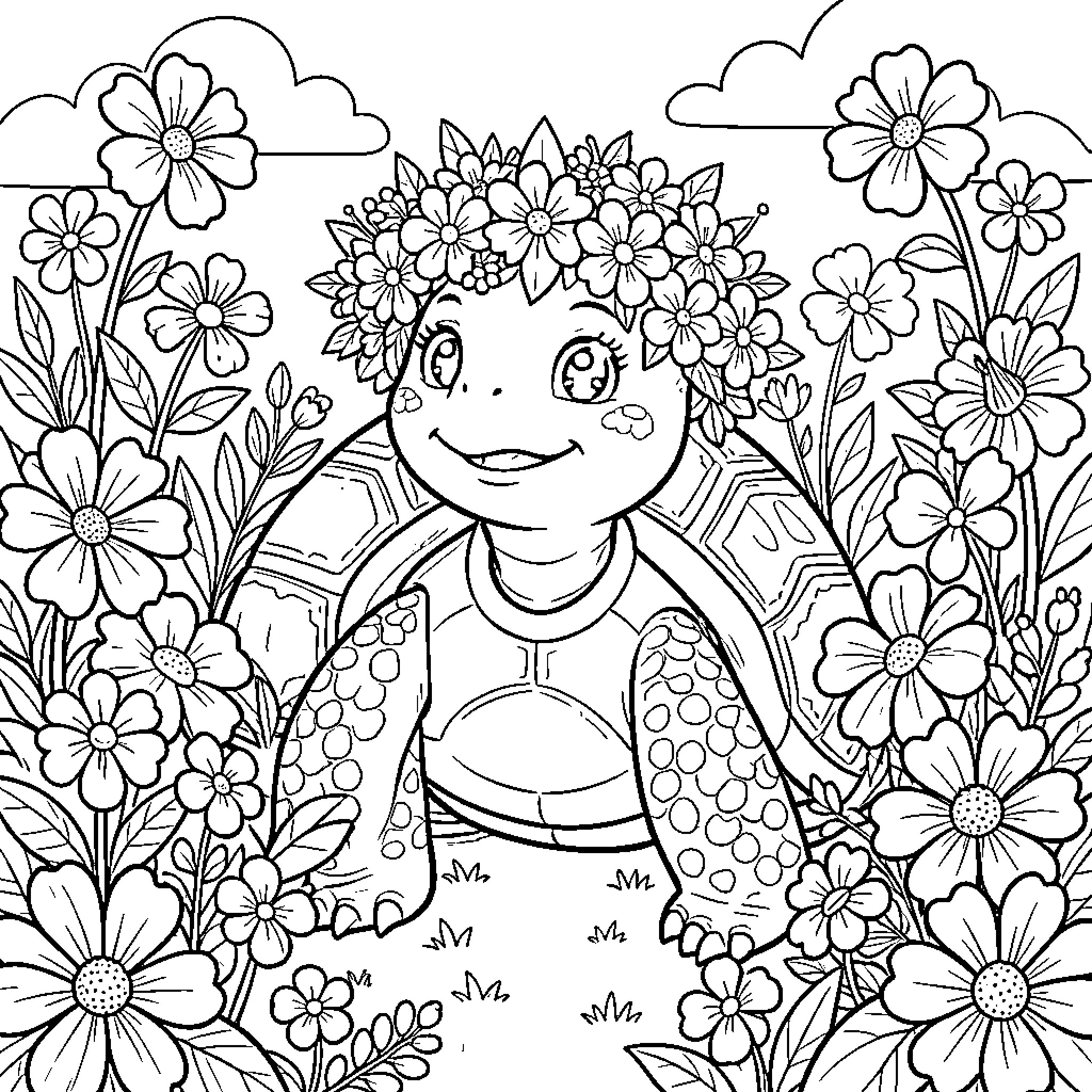 Turtle wearing a flower crown in a meadow Coloring Page (free black-and-white line drawing printable PDF for all, from beginners to advanced learners, including children, teens, adults, and seniors)