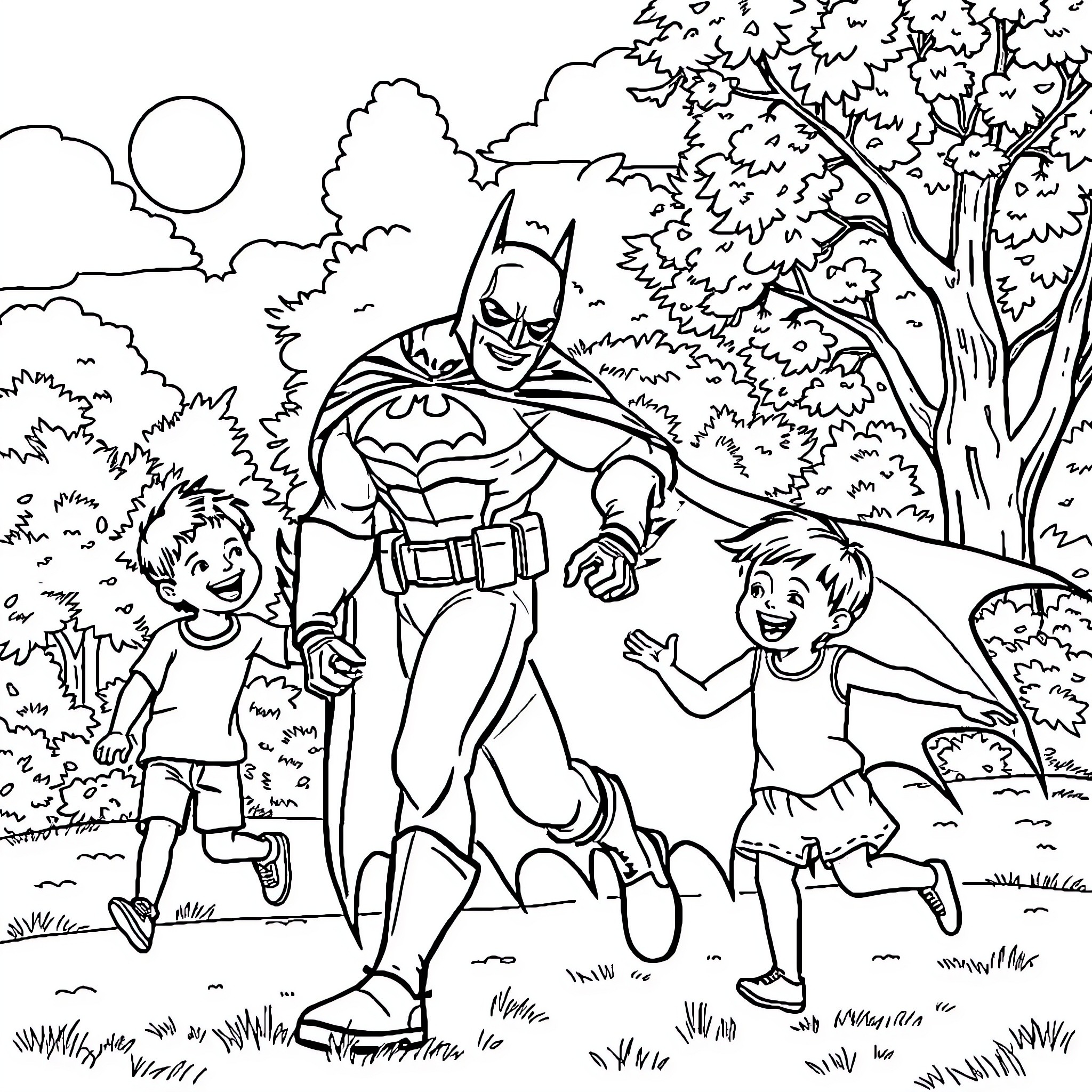 Batman protecting children in the park Coloring Page (free black-and-white line drawing printable PDF for all, from beginners to advanced learners, including children, teens, adults, and seniors)