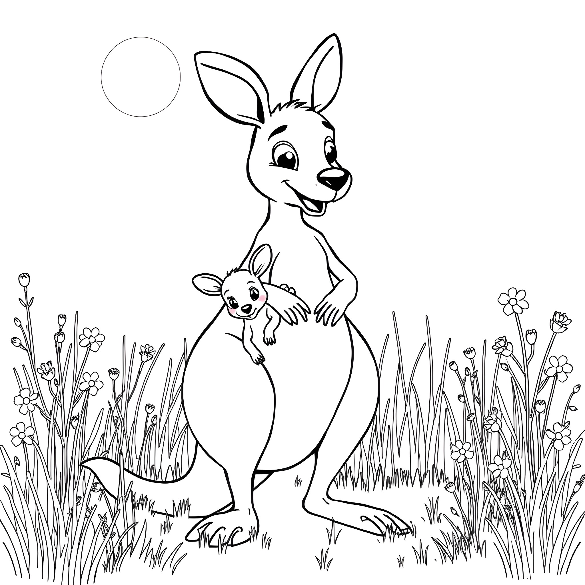 Kangaroo and Joey Enjoying Nature Coloring Page (free black-and-white line drawing printable PDF for all, from beginners to advanced learners, including children, teens, adults, and seniors)