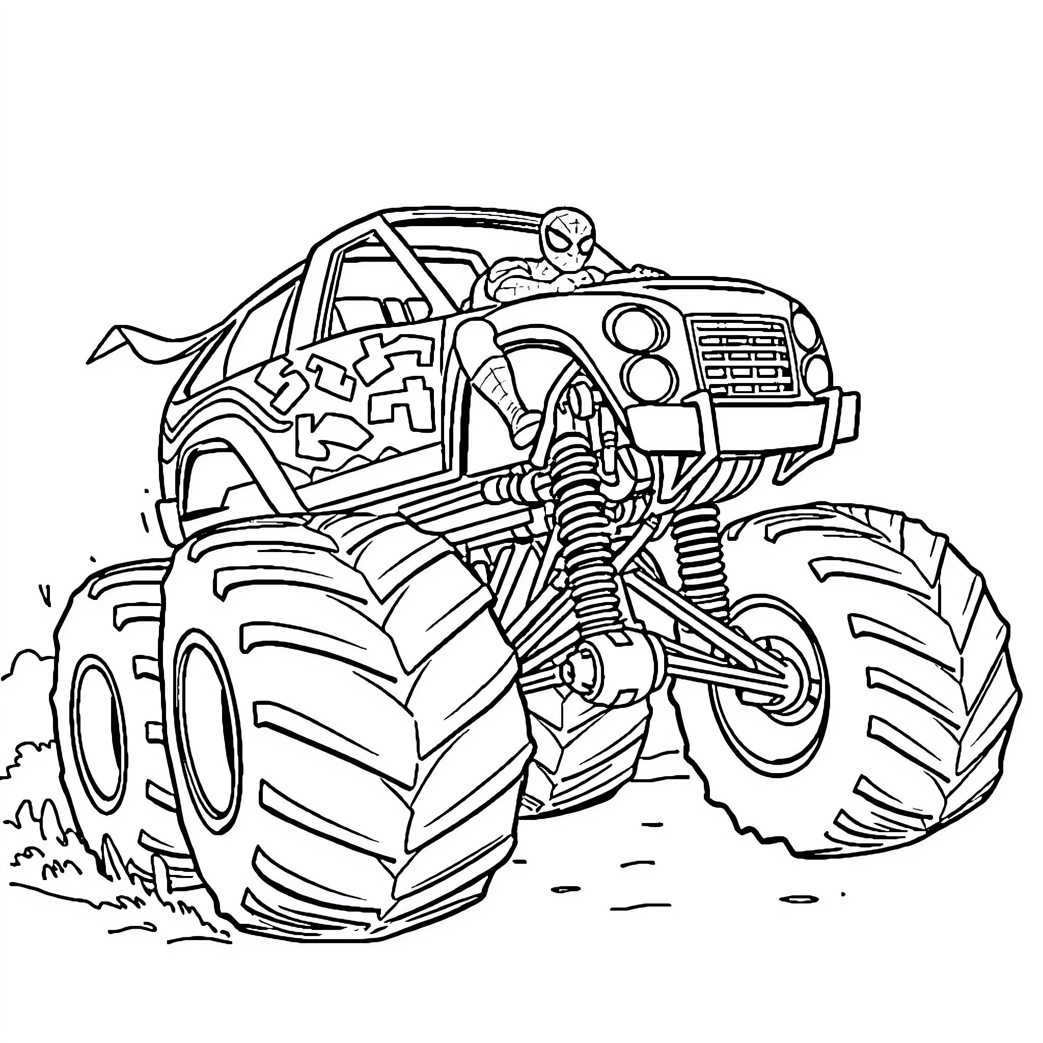 Spiderman driving a monster truck through a rugged terrain Coloring Page (free black-and-white line drawing printable PDF for all, from beginners to advanced learners, including children, teens, adults, and seniors)
