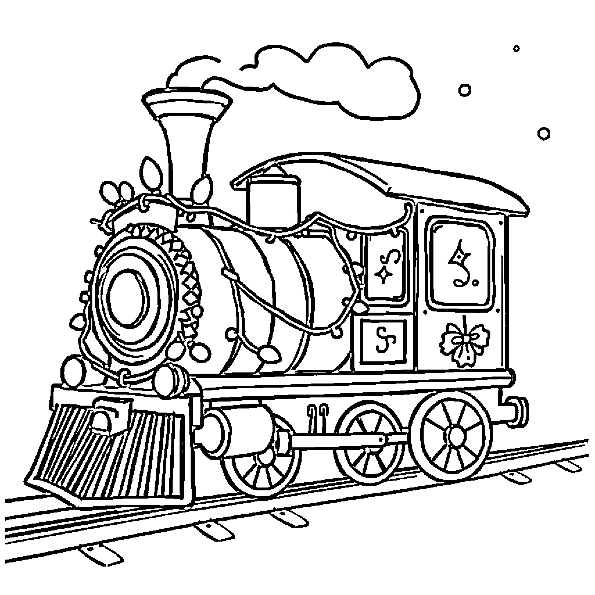 Train traversing tracks with decorations Coloring Page (free black-and-white line drawing printable PDF for all, from beginners to advanced learners, including children, teens, adults, and seniors)
