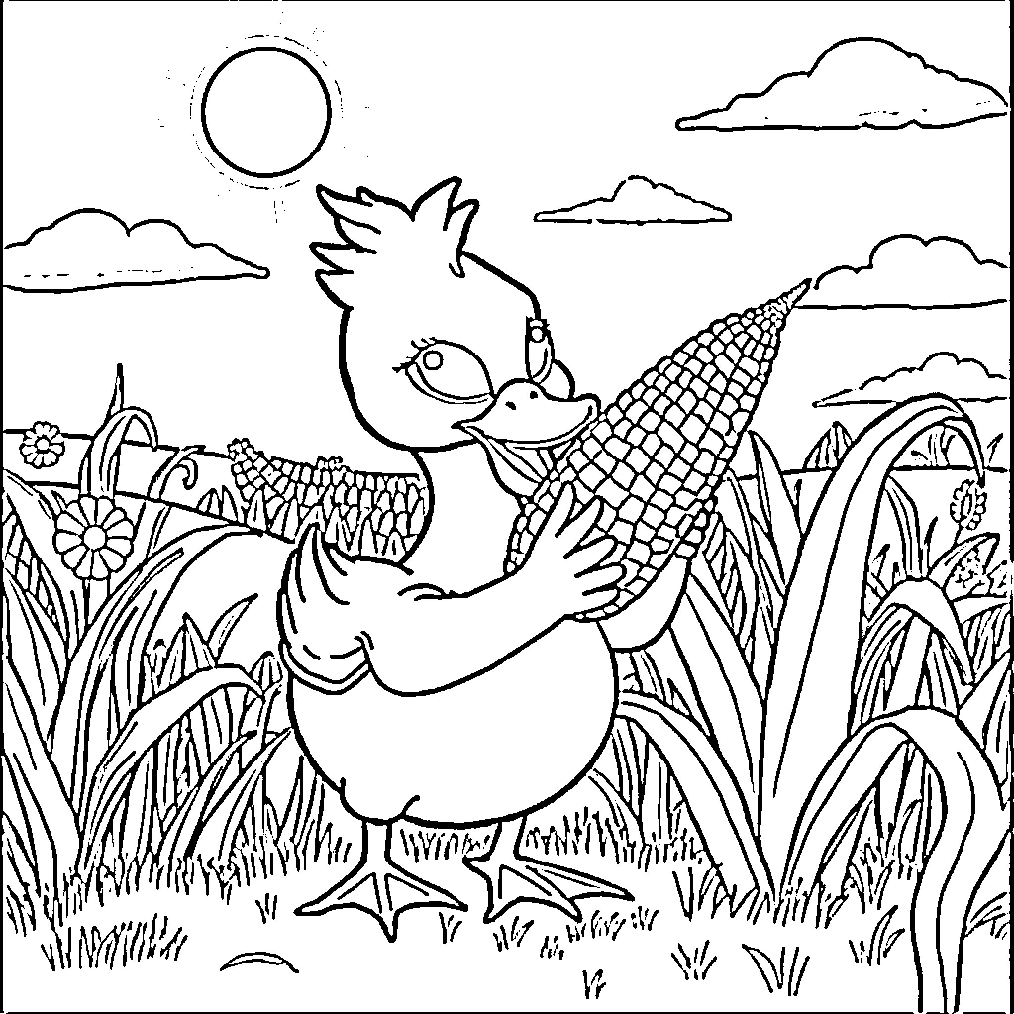 Alien Duck enjoying a sunny day in the meadow Coloring Page (free black-and-white line drawing printable PDF for all, from beginners to advanced learners, including children, teens, adults, and seniors)