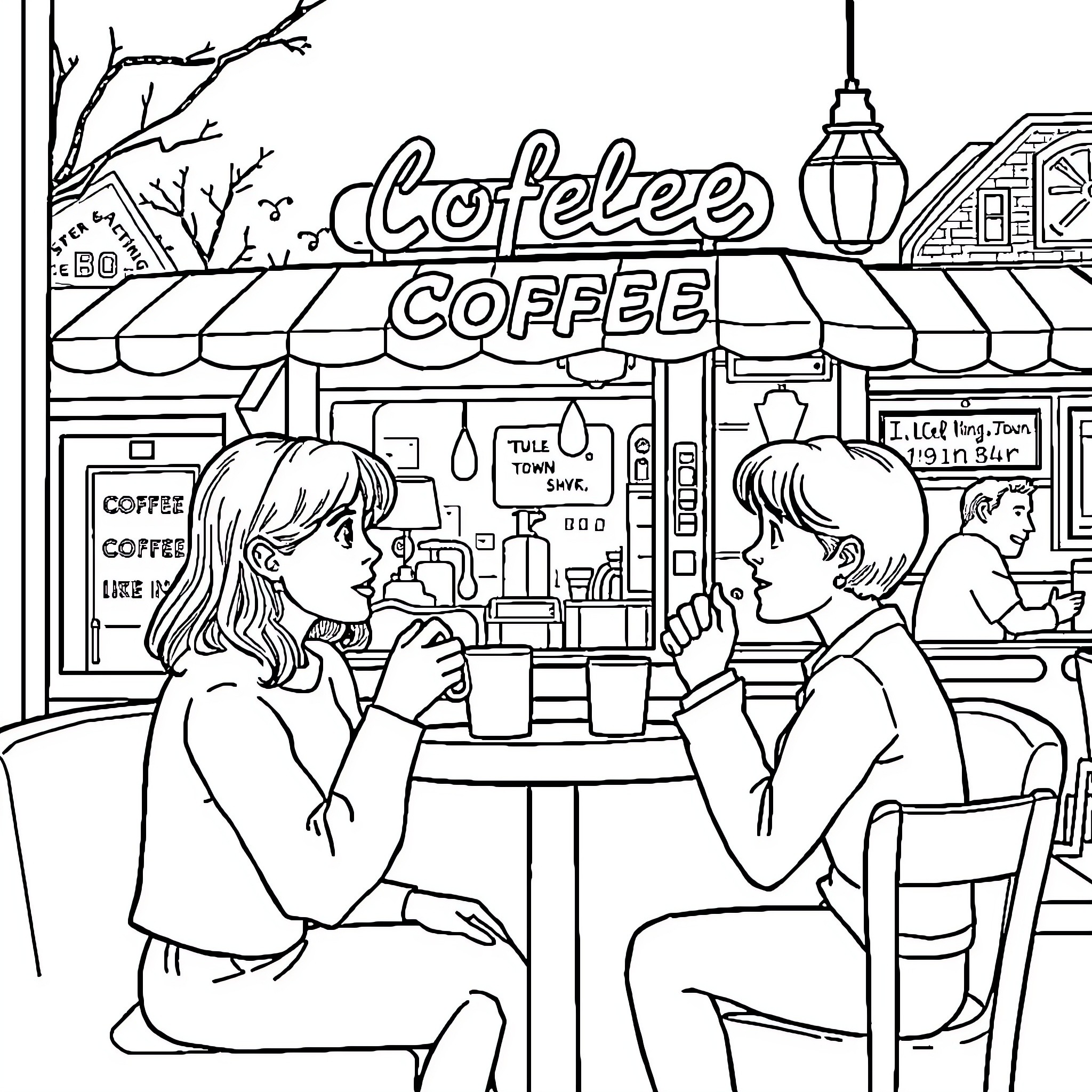 Gilmore Girls enjoy coffee at a local cafe Coloring Page (free black-and-white line drawing printable PDF for all, from beginners to advanced learners, including children, teens, adults, and seniors)