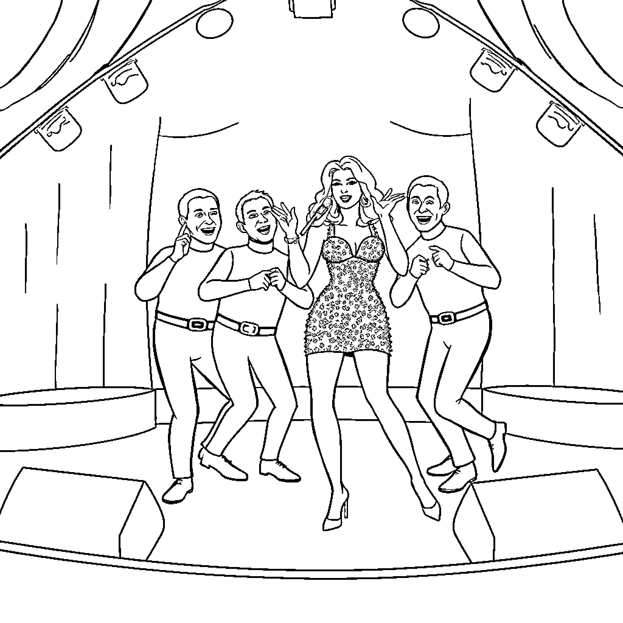 Wiggles and Shimmies on the Lively Stage Coloring Page (free black-and-white line drawing printable PDF for all, from beginners to advanced learners, including children, teens, adults, and seniors)