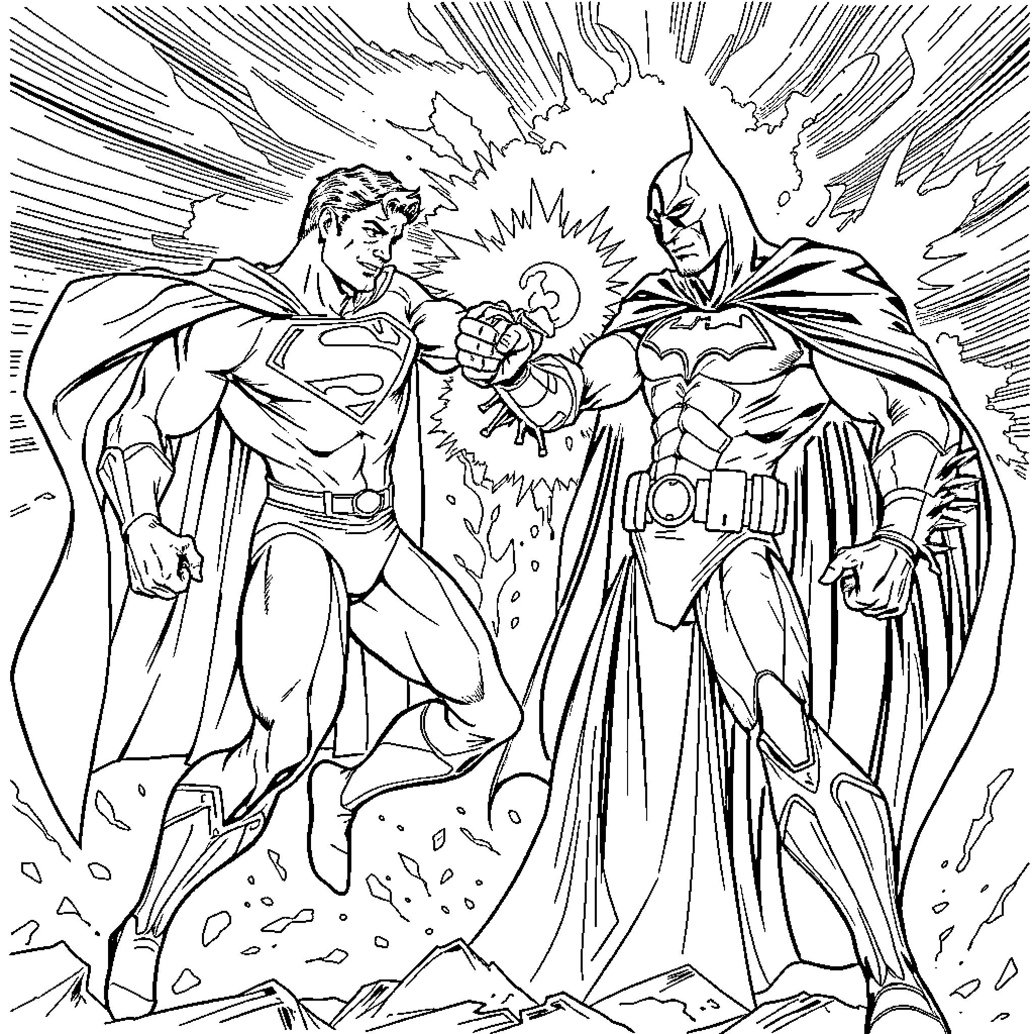 Superman and Batman in Heroic Clash Coloring Page (free black-and-white line drawing printable PDF for all, from beginners to advanced learners, including children, teens, adults, and seniors)