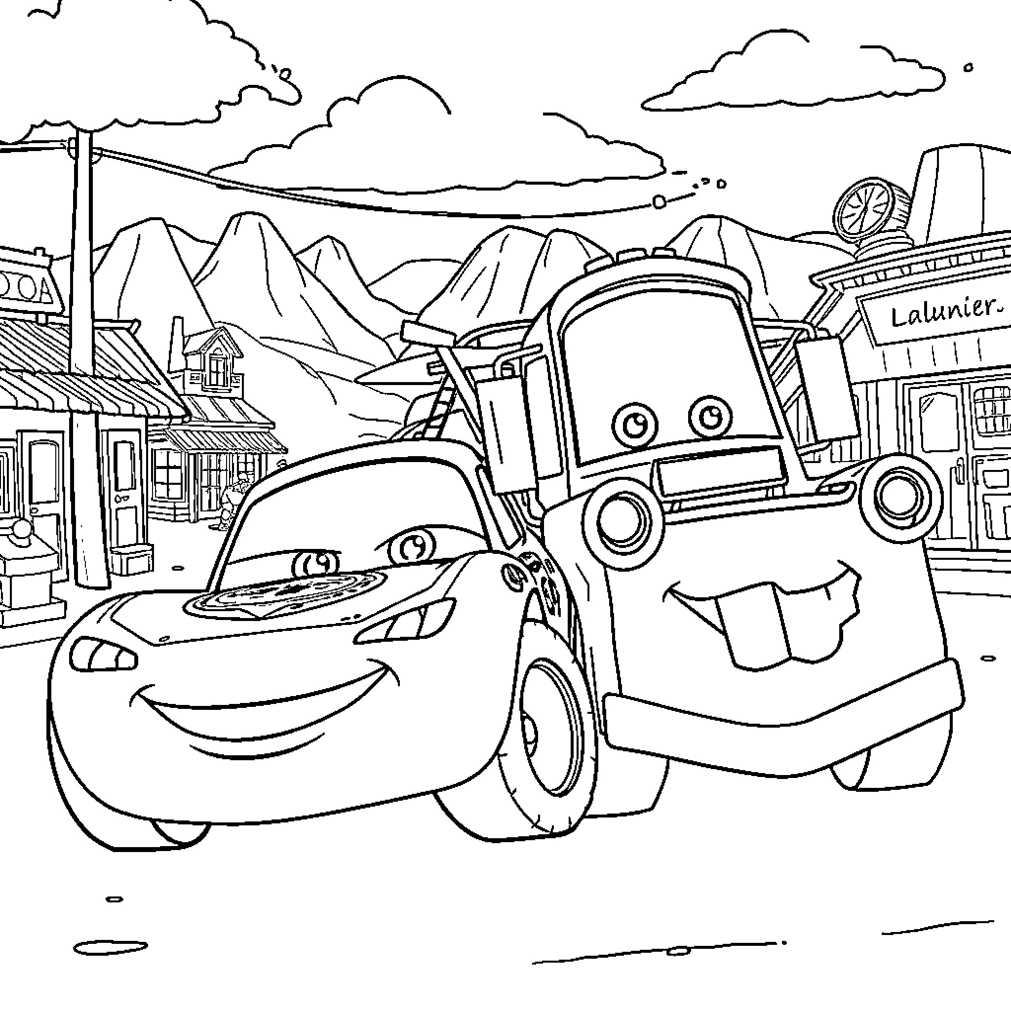 Cars in a Lively Mountain Town Coloring Page (free black-and-white line drawing printable PDF for all, from beginners to advanced learners, including children, teens, adults, and seniors)