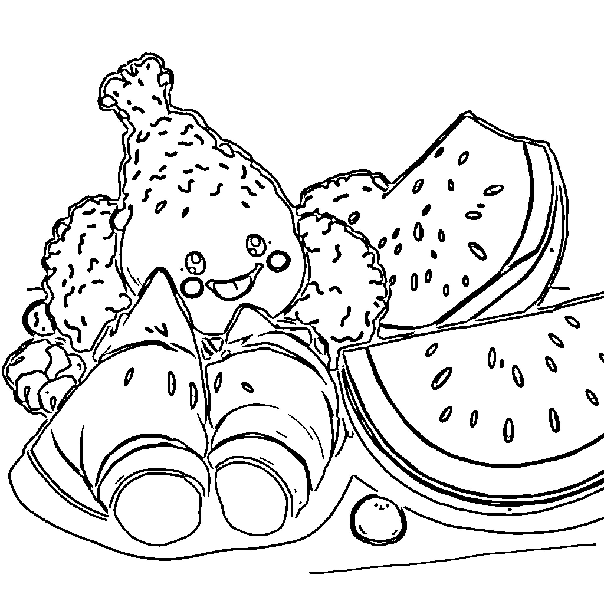 Food items with varied textures and shapes Coloring Page (free black-and-white line drawing printable PDF for all, from beginners to advanced learners, including children, teens, adults, and seniors)
