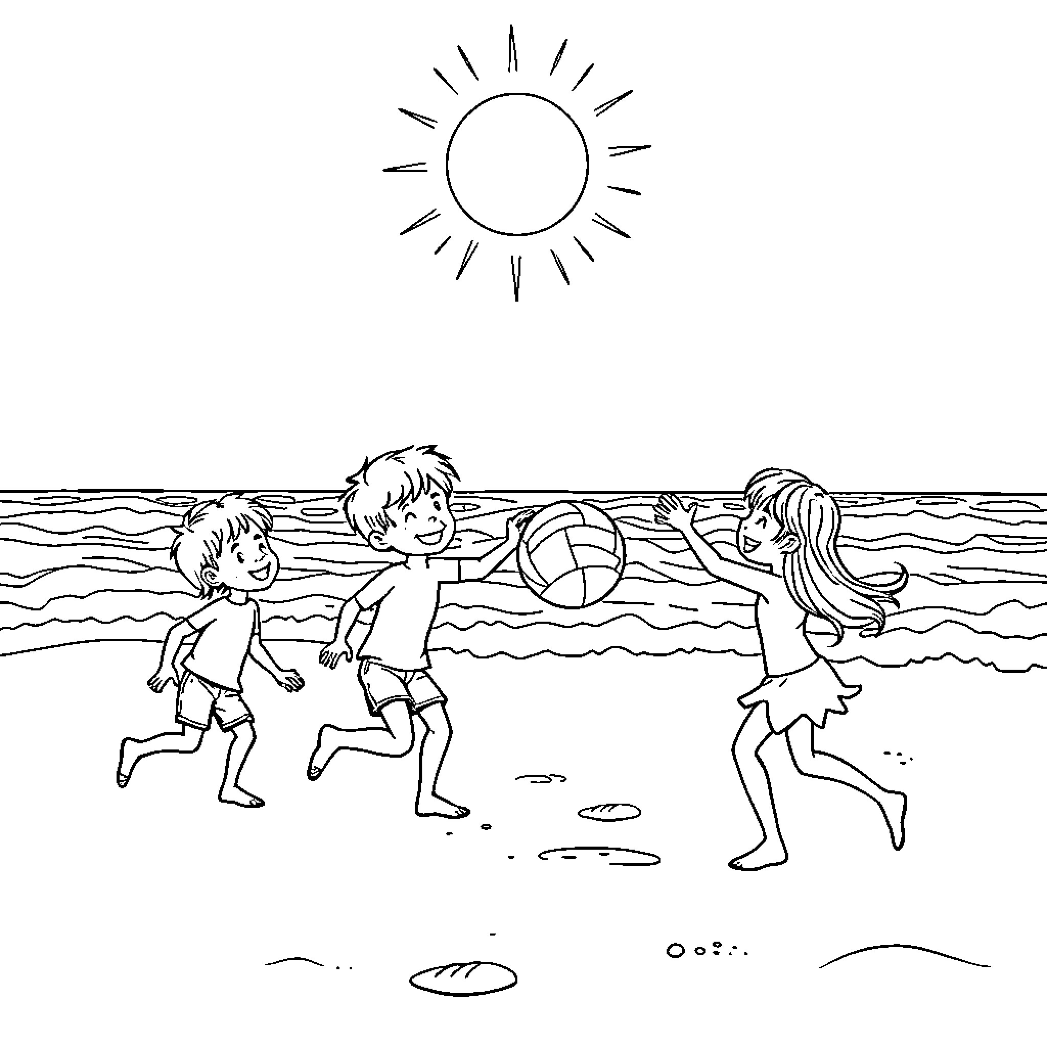 Brother and Sister Playing on the Beach Coloring Page (free black-and-white line drawing printable PDF for all, from beginners to advanced learners, including children, teens, adults, and seniors)