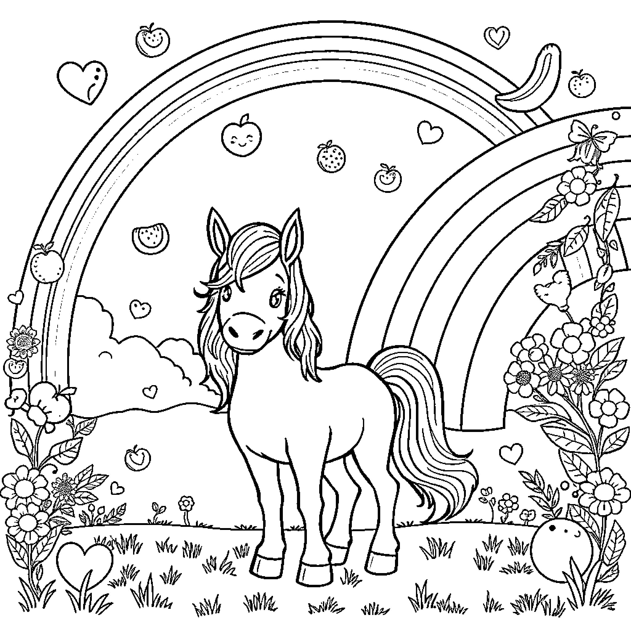 Pony in a magical flower garden Coloring Page (free black-and-white line drawing printable PDF for all, from beginners to advanced learners, including children, teens, adults, and seniors)