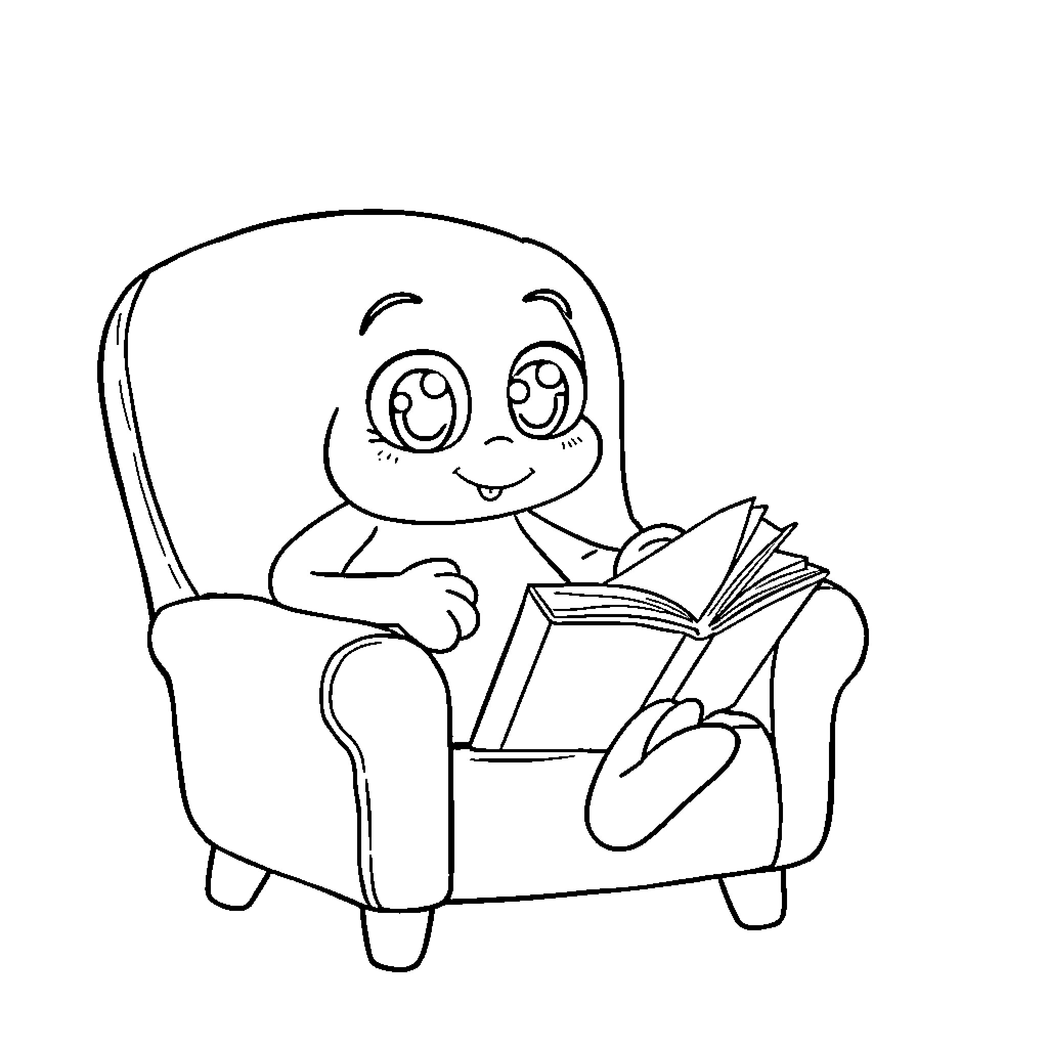 Letter A Happy Cartoon Reading Book on Chair Coloring Page (free black-and-white line drawing printable PDF for all, from beginners to advanced learners, including children, teens, adults, and seniors)