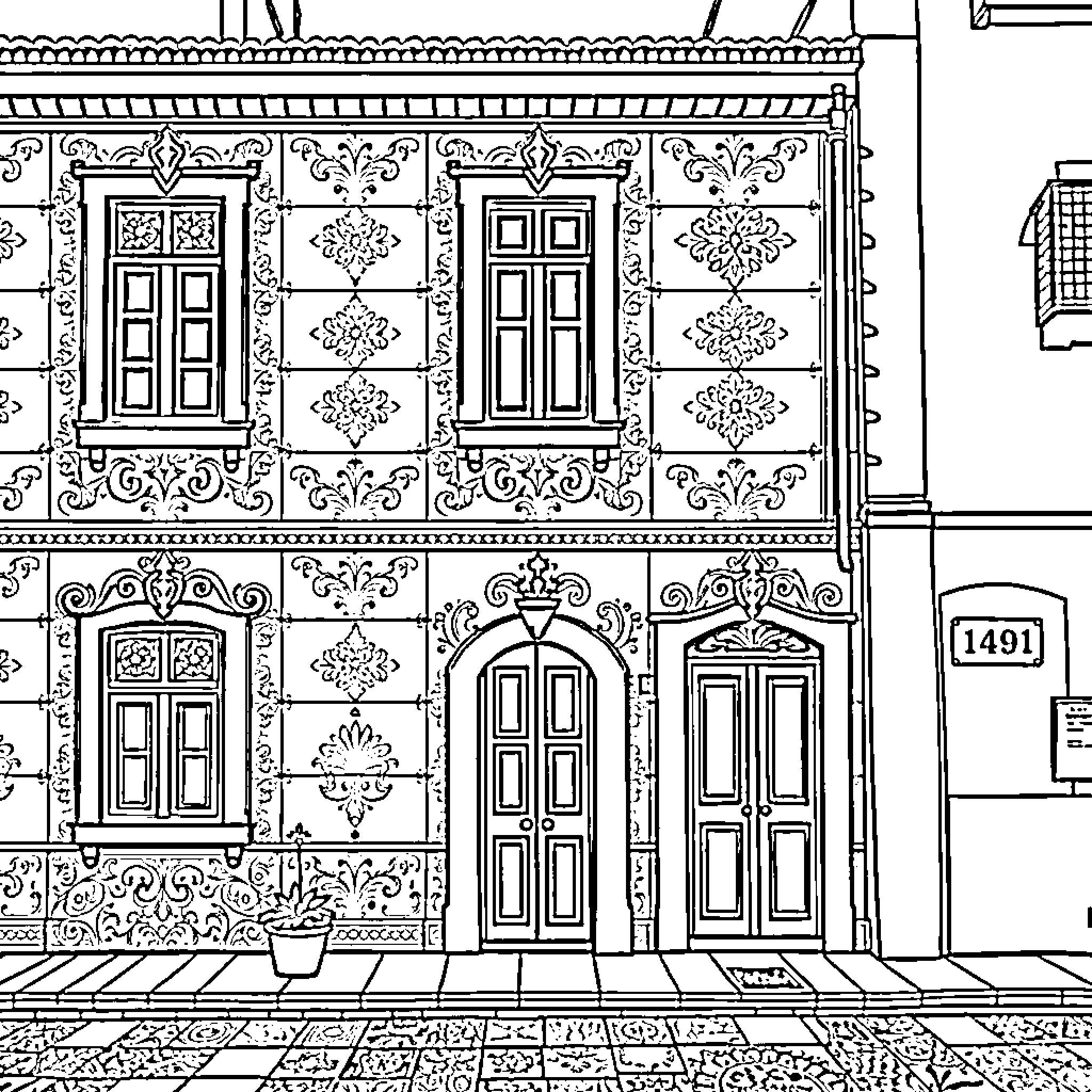 Tile Intricate architecture and design of historic building Coloring Page (free black-and-white line drawing printable PDF for all, from beginners to advanced learners, including children, teens, adults, and seniors)