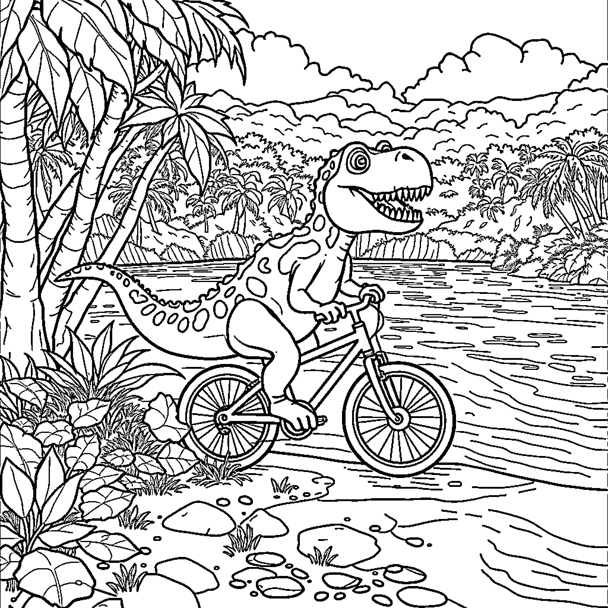 Dinosaur riding bicycle in tropical landscape Coloring Page (free black-and-white line drawing printable PDF for all, from beginners to advanced learners, including children, teens, adults, and seniors)