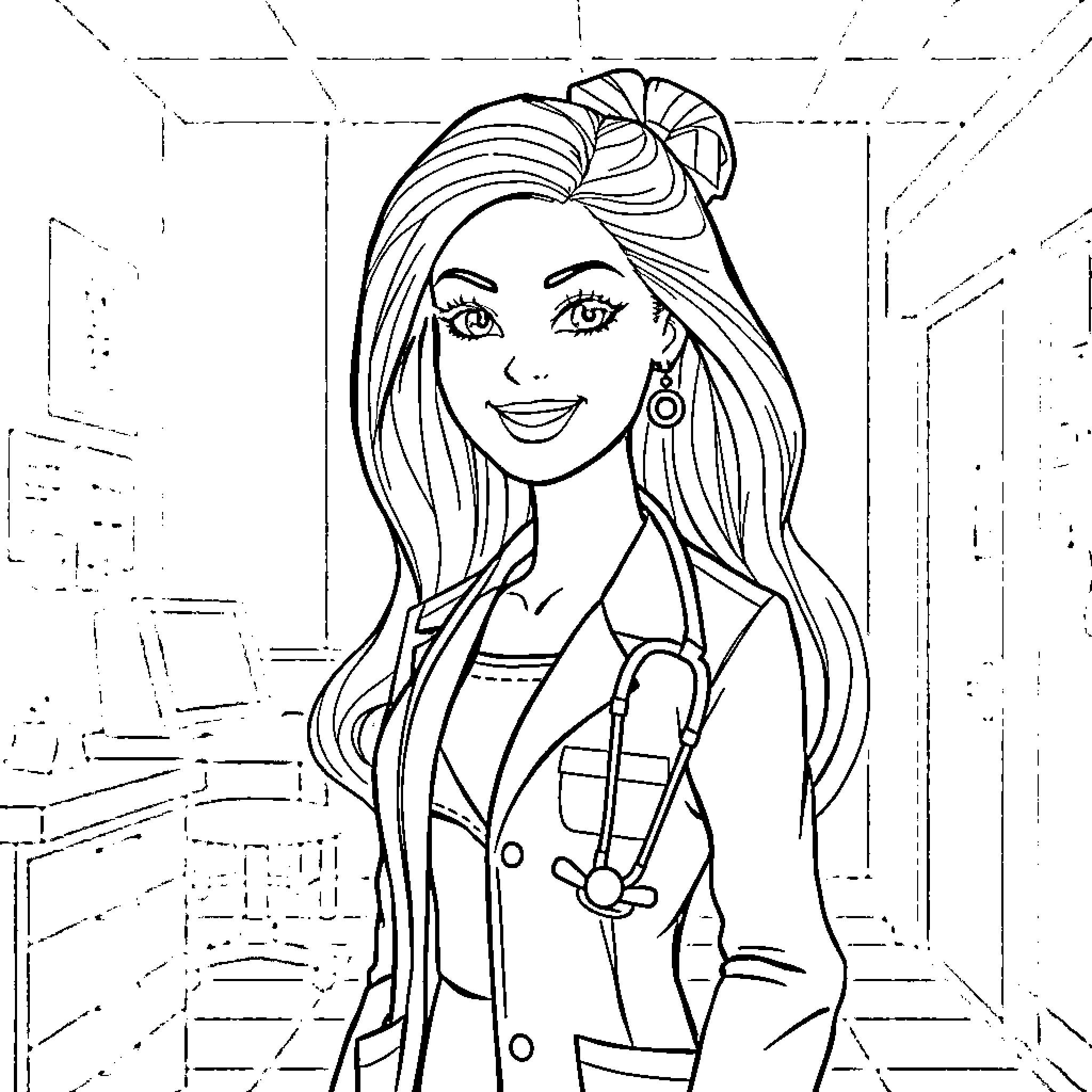 Barbie in a Stylish Outfit and Pose Coloring Page (free black-and-white line drawing printable PDF for all, from beginners to advanced learners, including children, teens, adults, and seniors)
