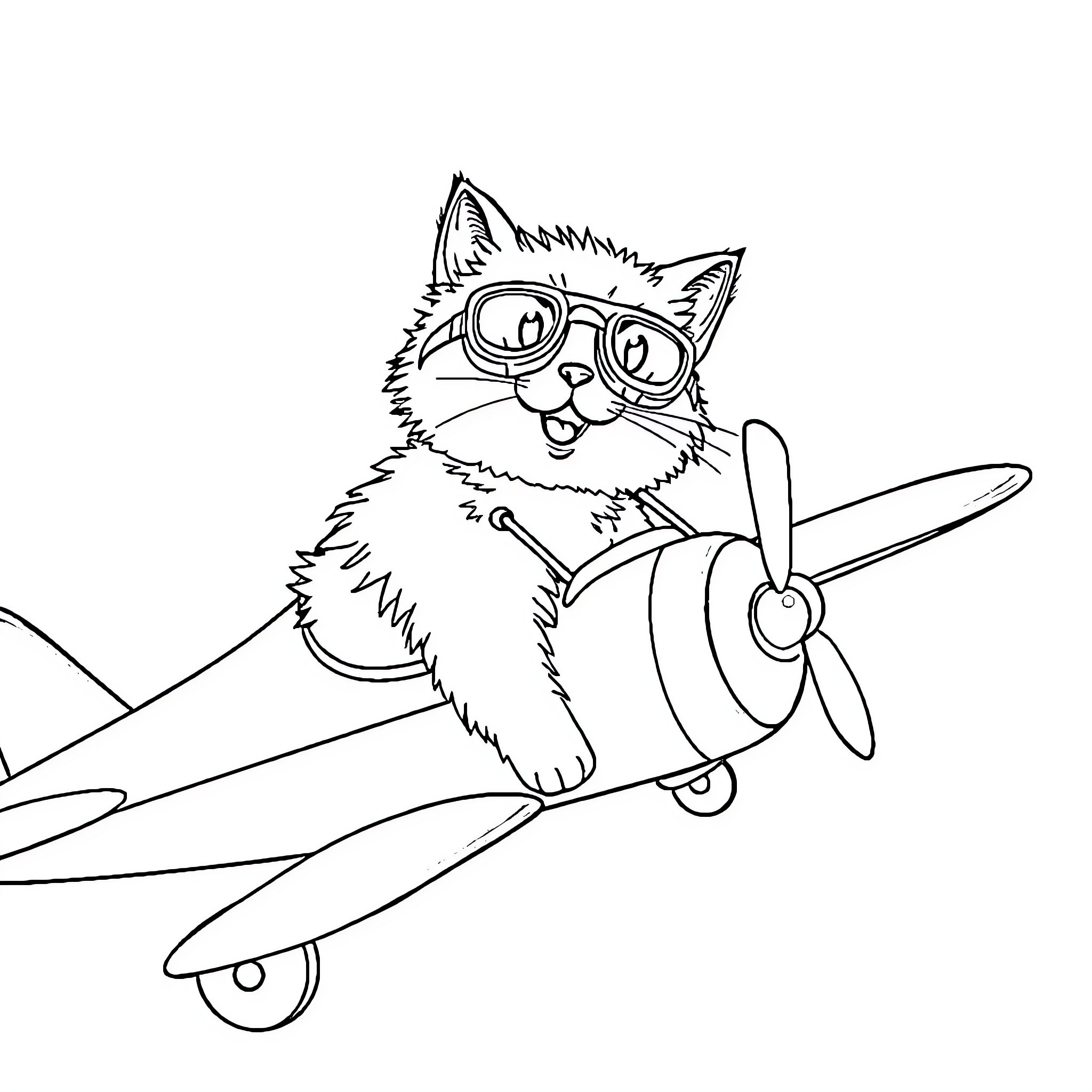 Cat flying an airplane with goggles Coloring Page (free black-and-white line drawing printable PDF for all, from beginners to advanced learners, including children, teens, adults, and seniors)