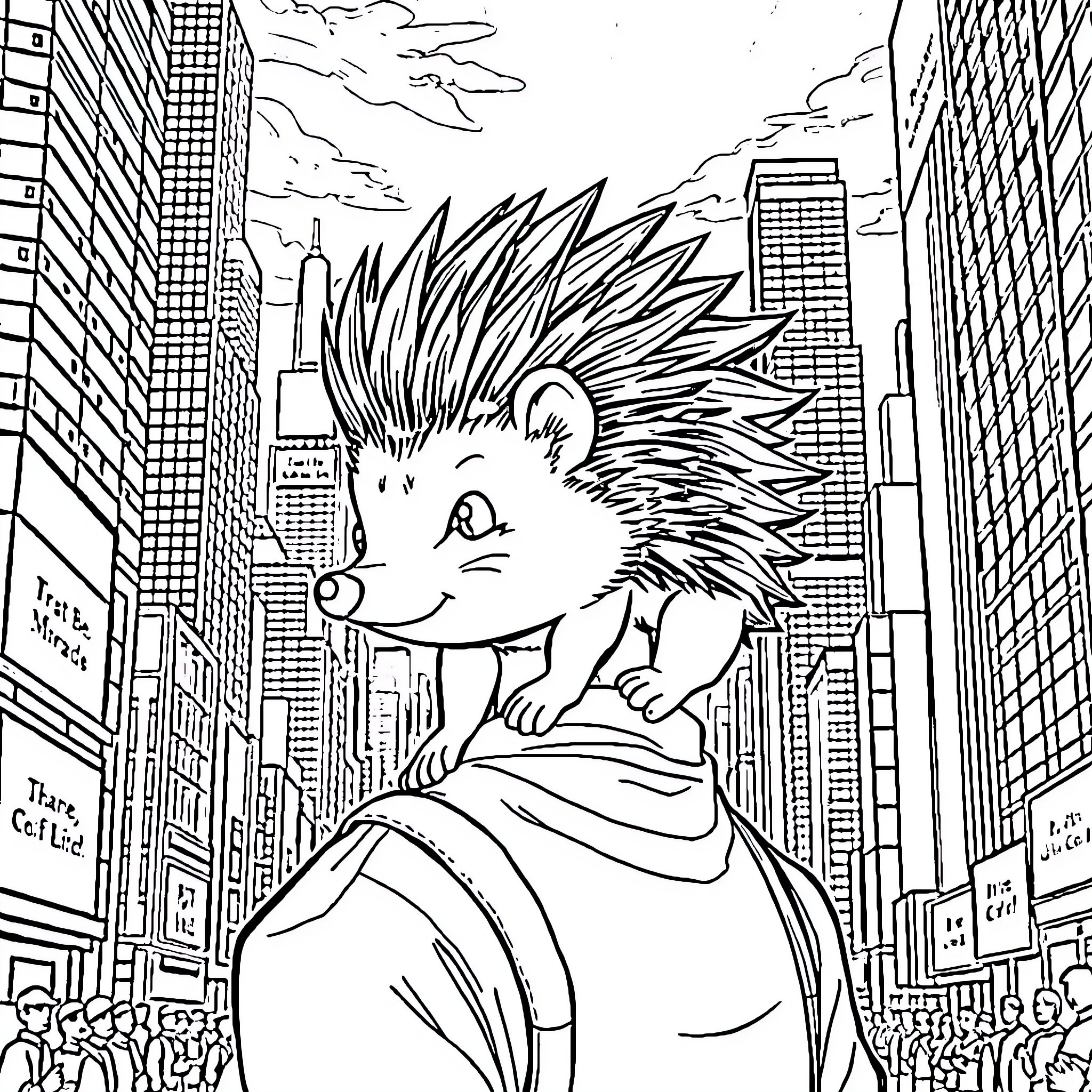 Hedgehog exploring the bustling city streets Coloring Page (free black-and-white line drawing printable PDF for all, from beginners to advanced learners, including children, teens, adults, and seniors)