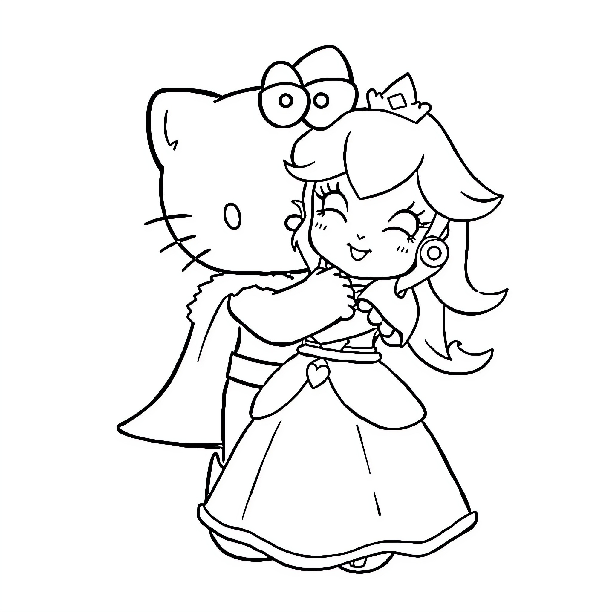 Kitty hugging a smiling girl in a dress Coloring Page (free black-and-white line drawing printable PDF for all, from beginners to advanced learners, including children, teens, adults, and seniors)