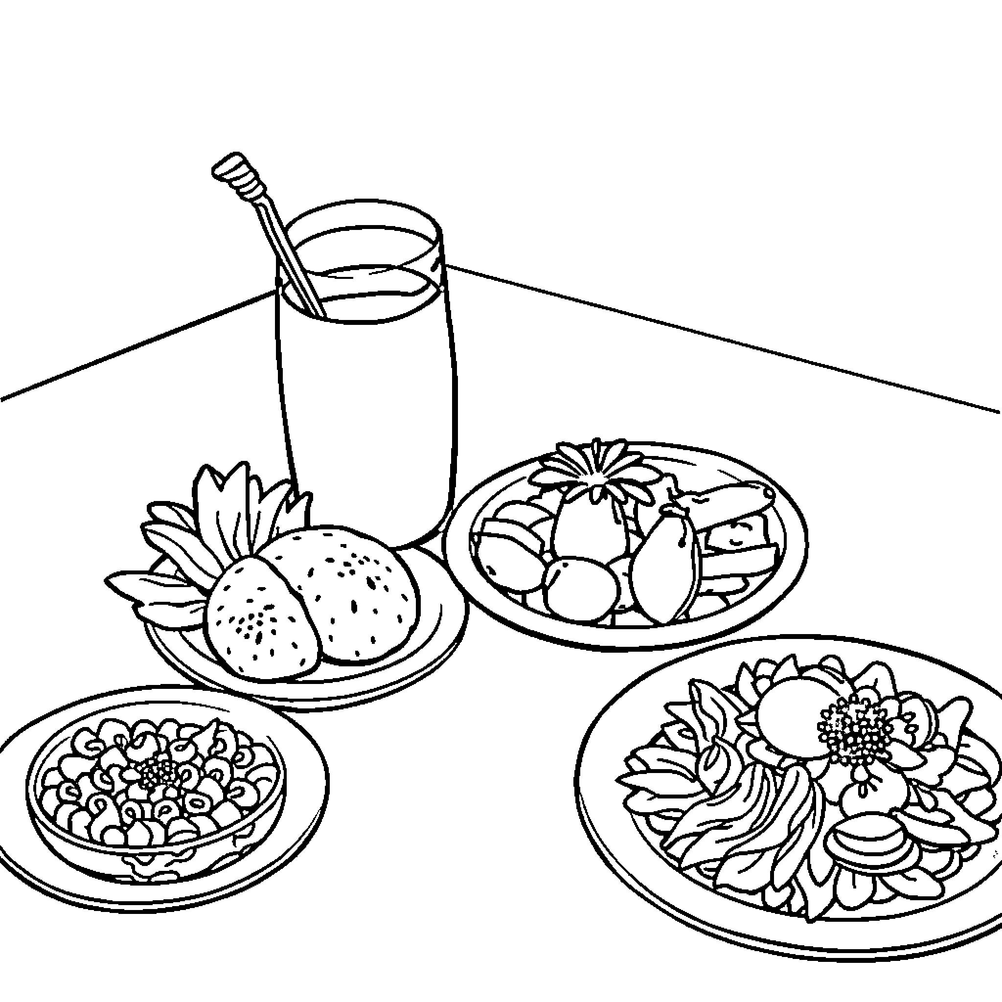 Food items and dishes on the table Coloring Page (free black-and-white line drawing printable PDF for all, from beginners to advanced learners, including children, teens, adults, and seniors)