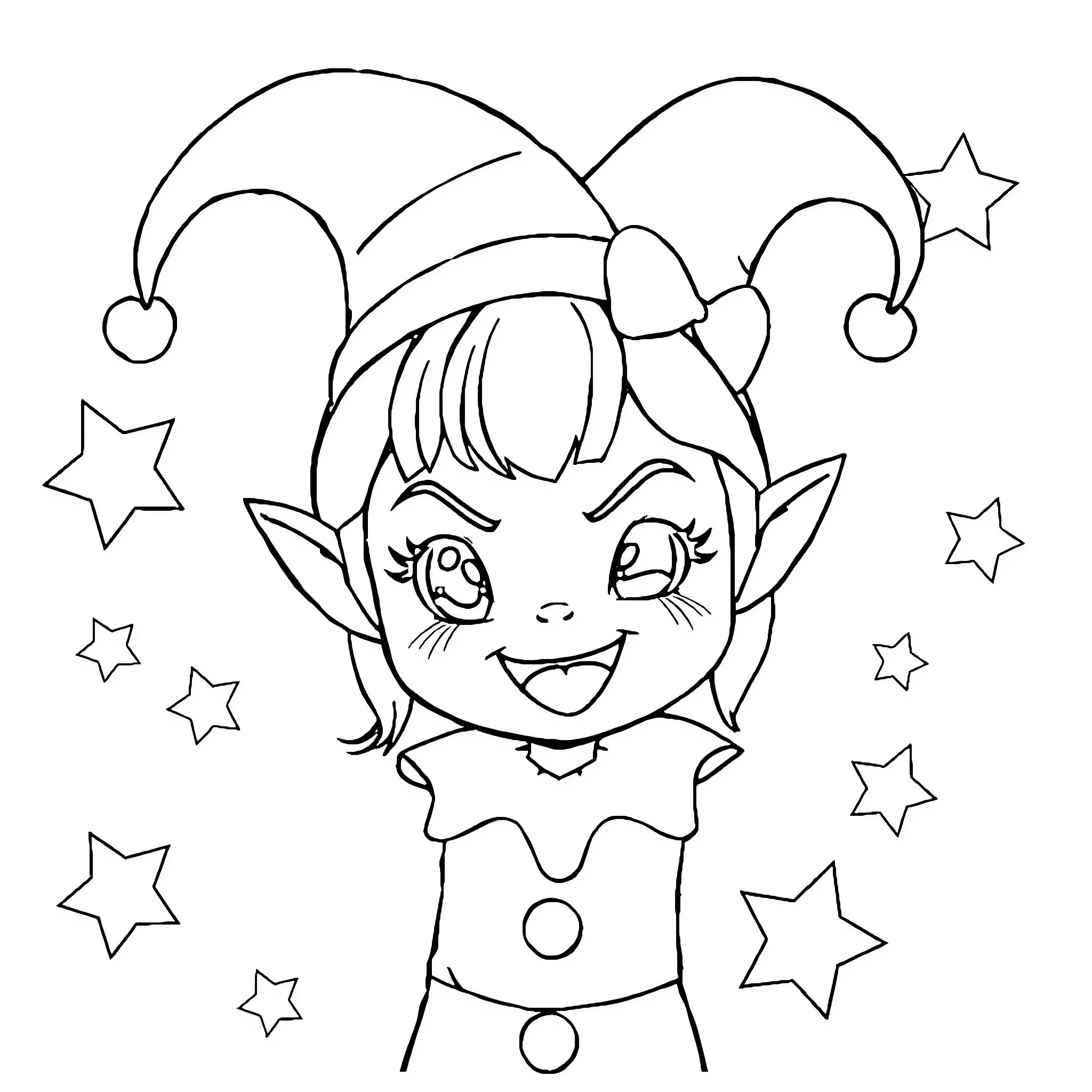 Kuromi's Joyful Elf-like Appearance Coloring Page (free black-and-white line drawing printable PDF for all, from beginners to advanced learners, including children, teens, adults, and seniors)