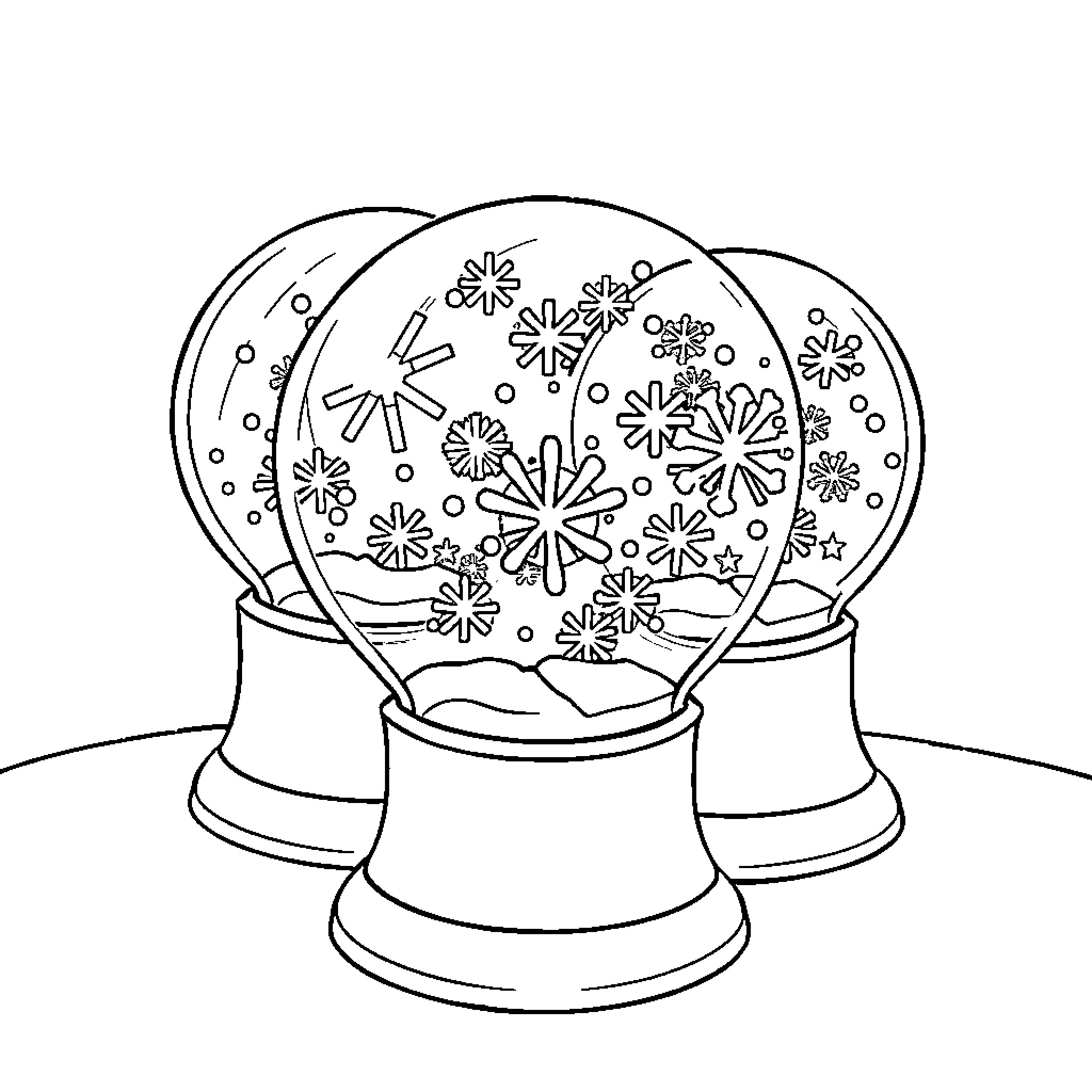 Snow Globe with Swirling Snowflakes Coloring Page (free black-and-white line drawing printable PDF for all, from beginners to advanced learners, including children, teens, adults, and seniors)