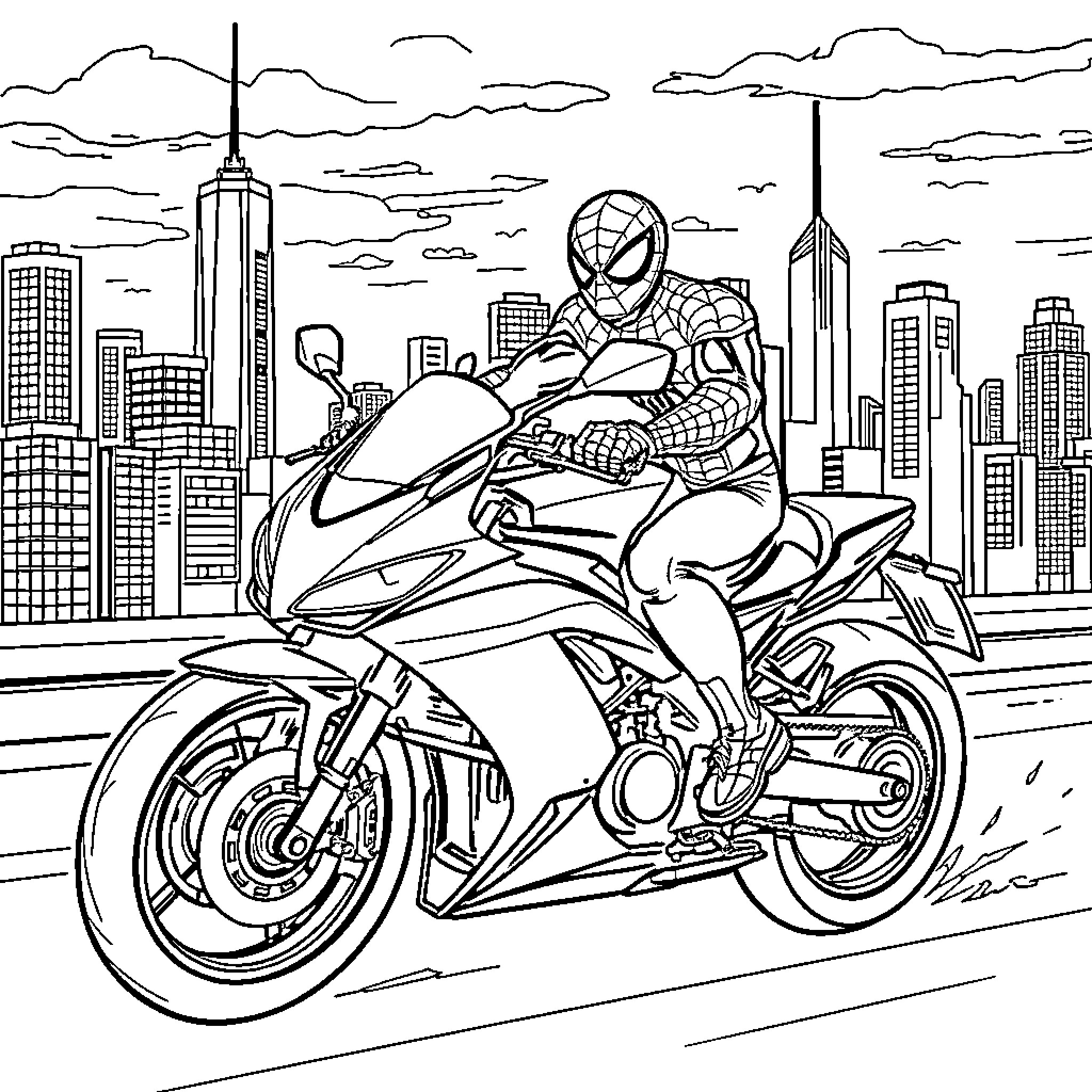 Spider-Man speeding through the city on a motorcycle Coloring Page (free black-and-white line drawing printable PDF for all, from beginners to advanced learners, including children, teens, adults, and seniors)