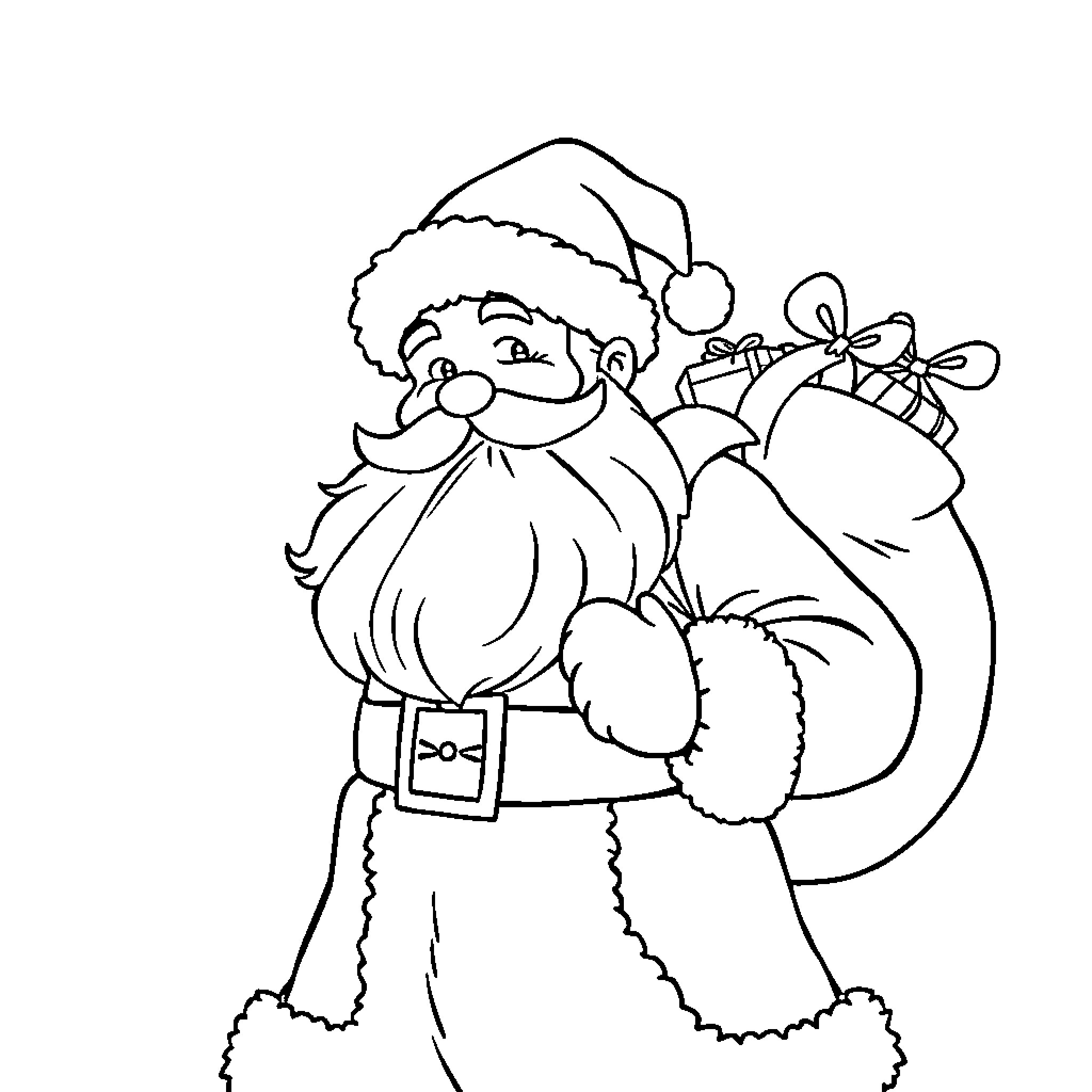 Santa Claus delivering holiday presents with joy Coloring Page (free black-and-white line drawing printable PDF for all, from beginners to advanced learners, including children, teens, adults, and seniors)