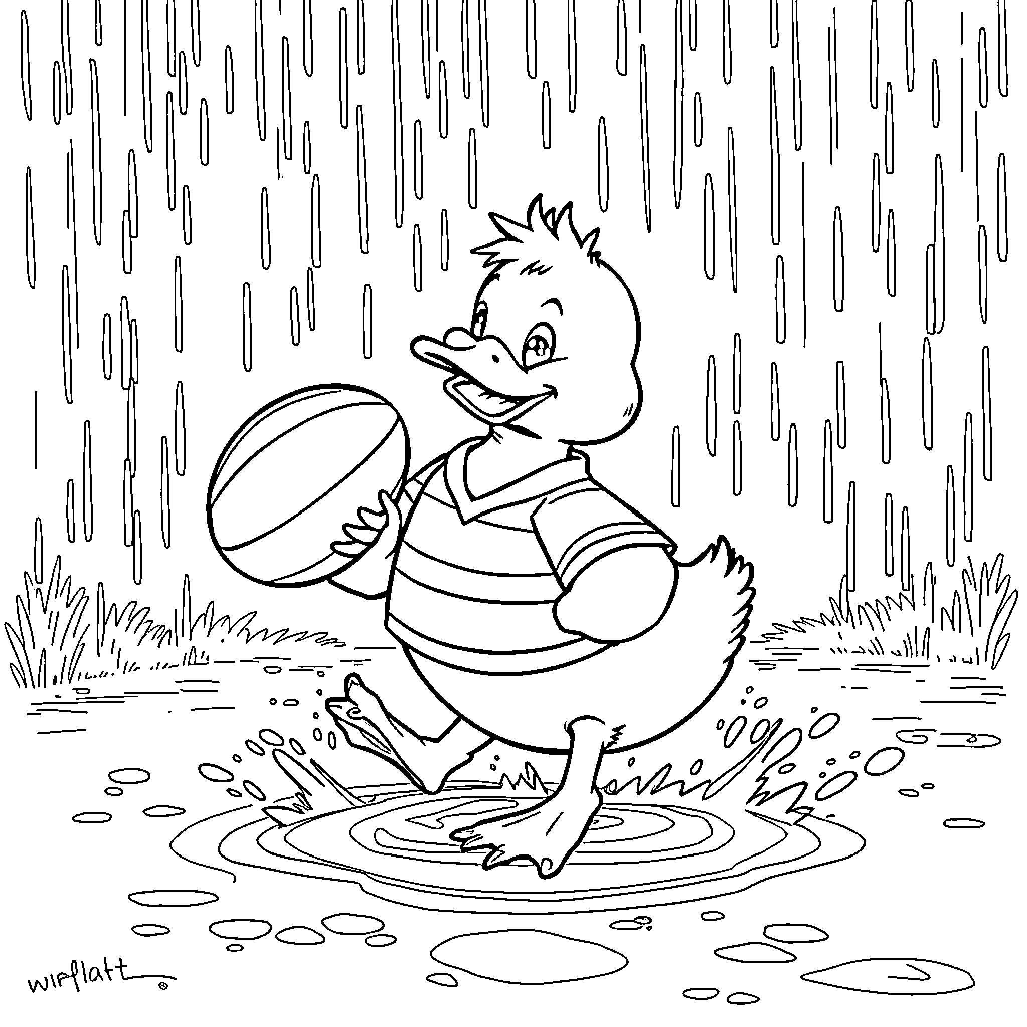 Duck playing with ball in the rain Coloring Page (free black-and-white line drawing printable PDF for all, from beginners to advanced learners, including children, teens, adults, and seniors)