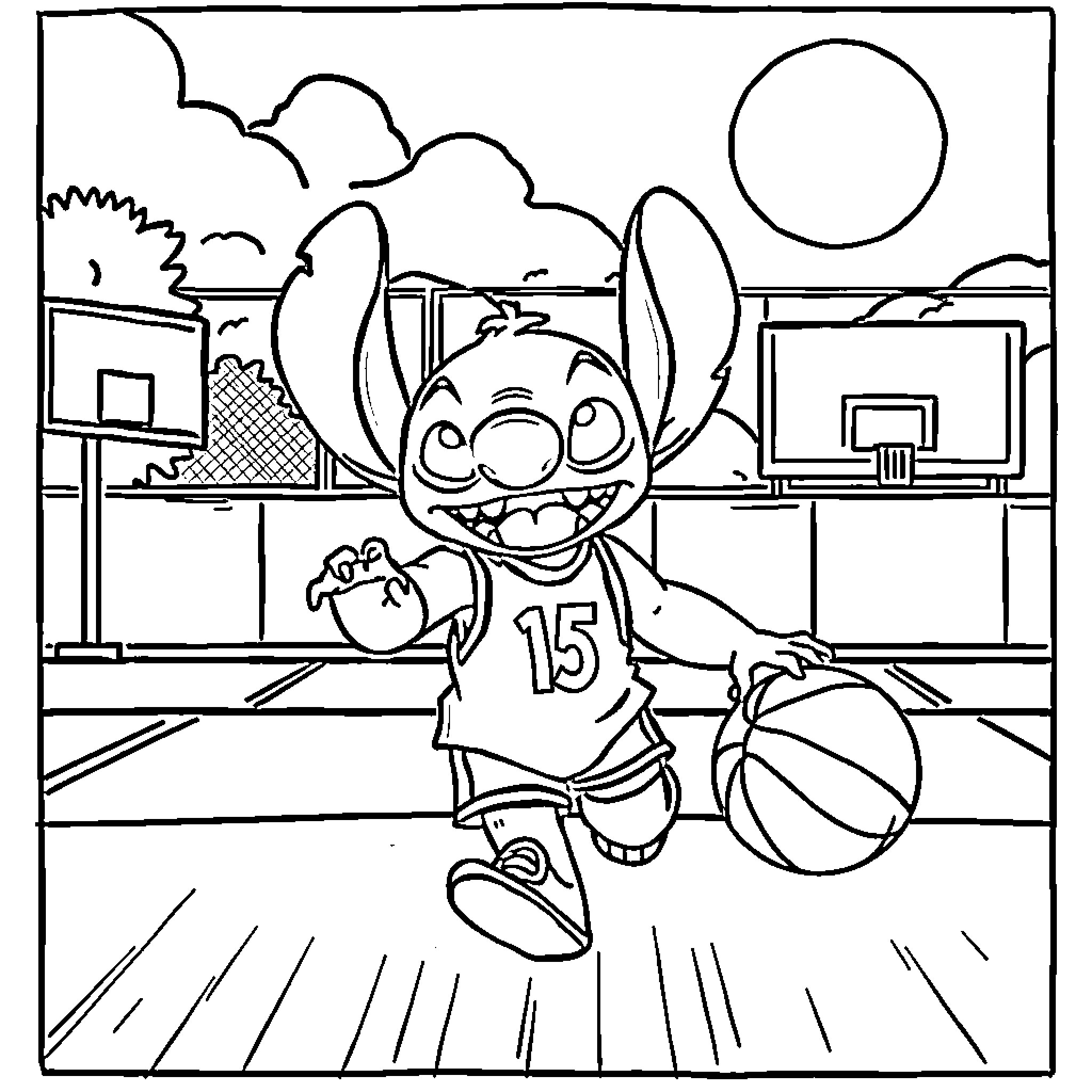 Stitch Playing Basketball in a Gym Coloring Page (free black-and-white line drawing printable PDF for all, from beginners to advanced learners, including children, teens, adults, and seniors)