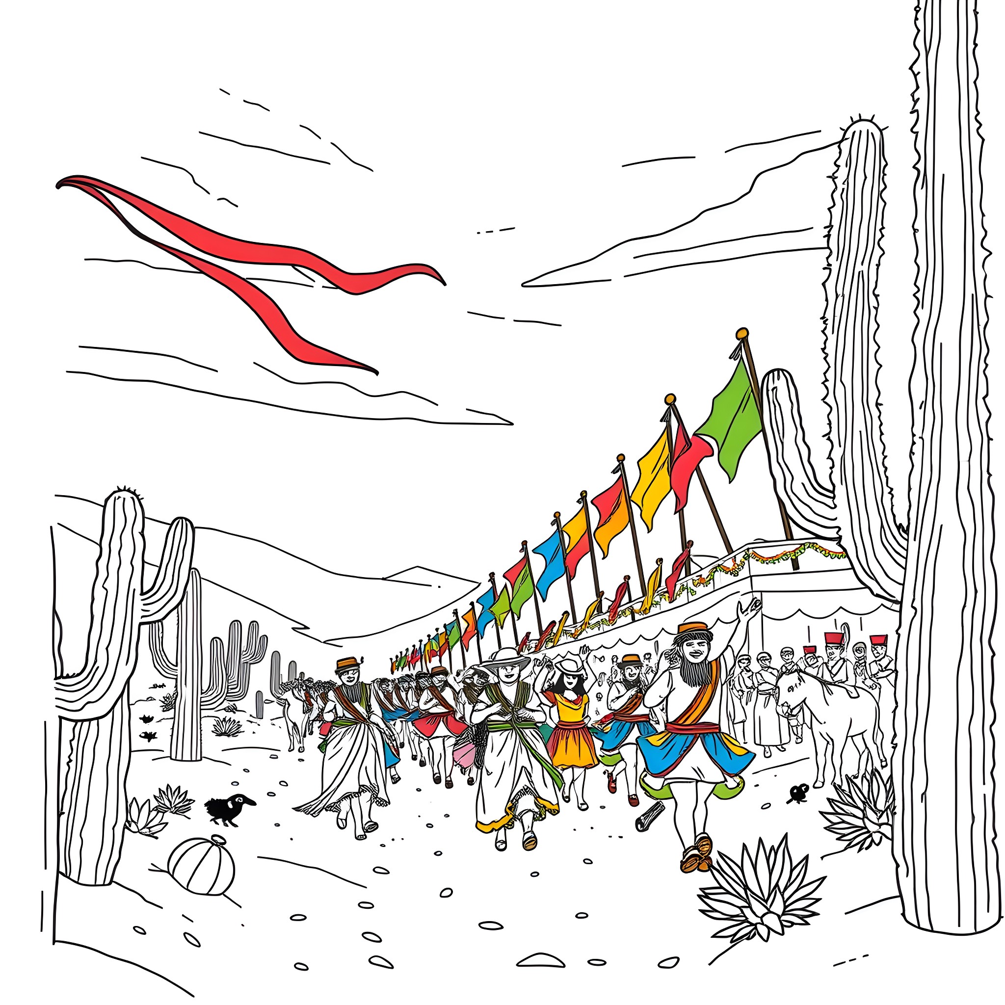 Pride Celebration in the Desert Landscape Coloring Page (free black-and-white line drawing printable PDF for all, from beginners to advanced learners, including children, teens, adults, and seniors)